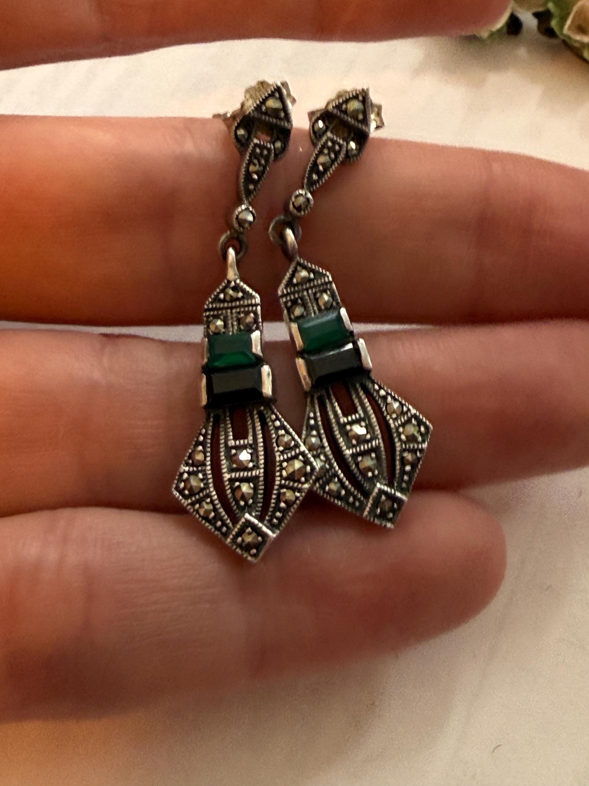 Sterling Silver Marcasite ARI 1990 Drop Earrings, Green Black Art Deco Geometric Dangle Earrings, 925