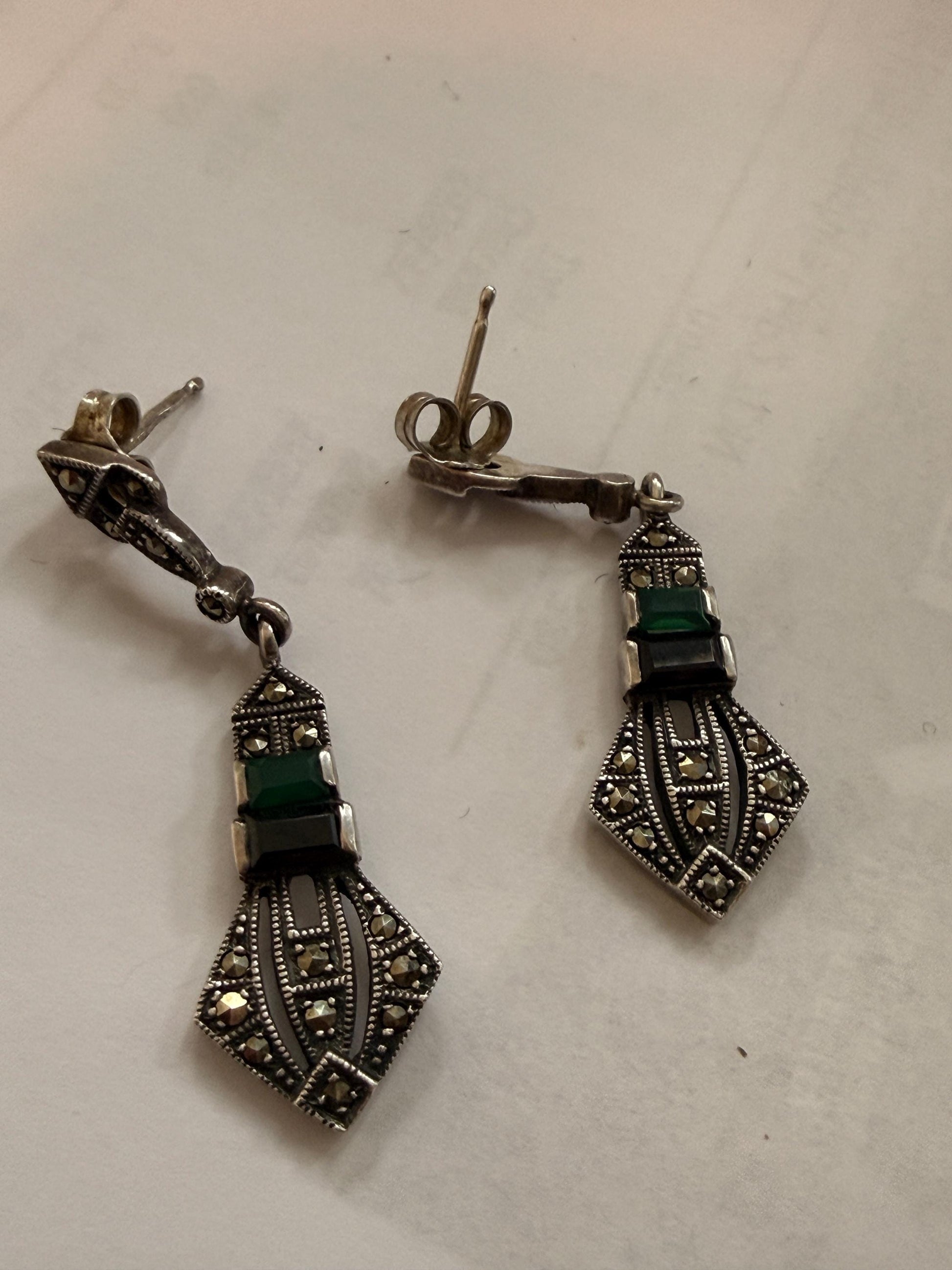 Sterling Silver Marcasite ARI 1990 Drop Earrings, Green Black Art Deco Geometric Dangle Earrings, 925