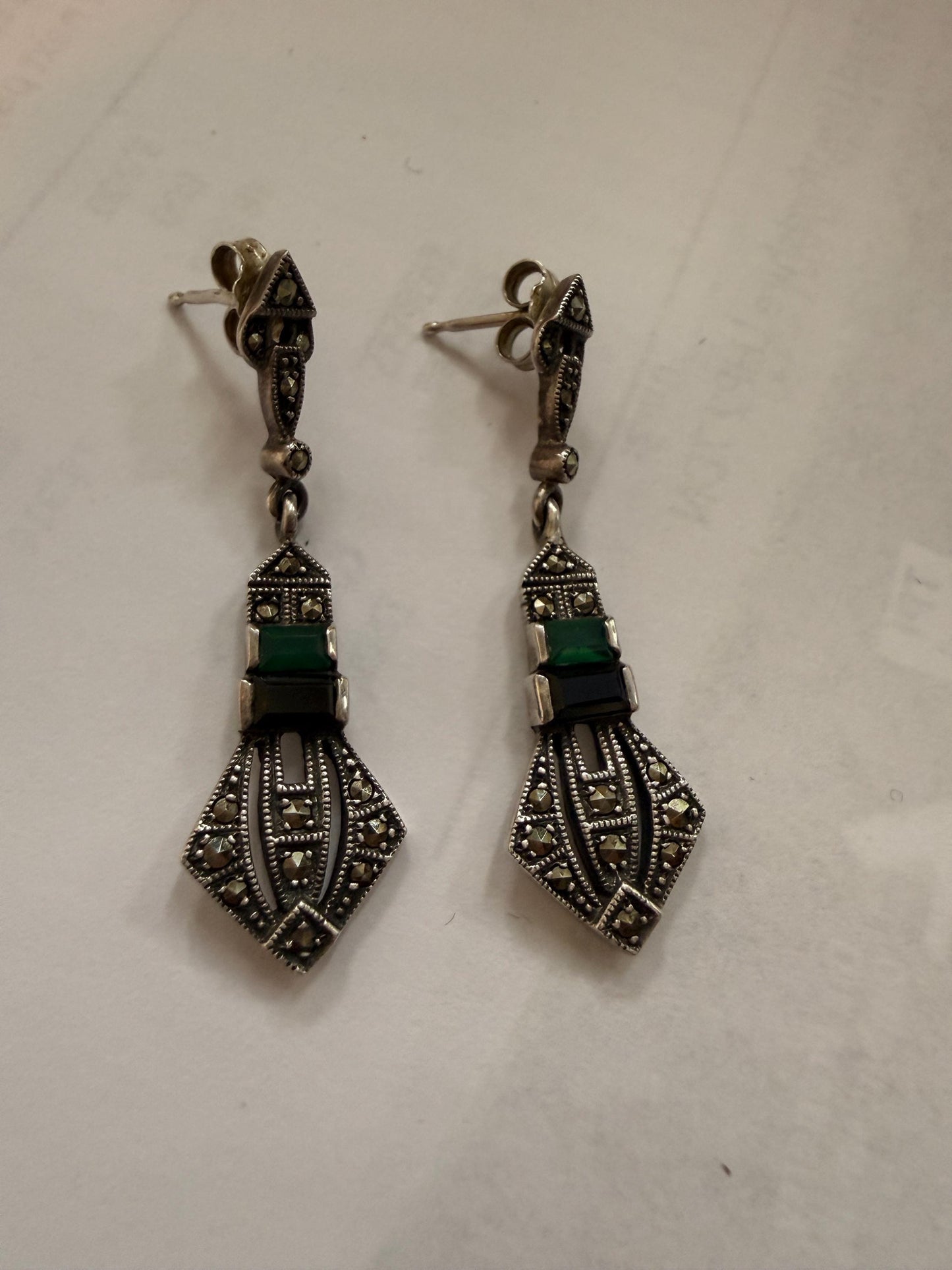Sterling Silver Marcasite ARI 1990 Drop Earrings, Green Black Art Deco Geometric Dangle Earrings, 925