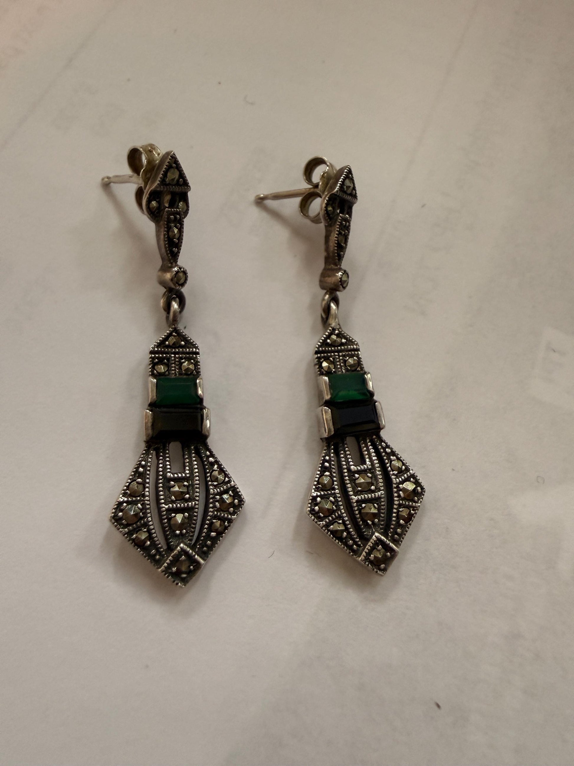 Sterling Silver Marcasite ARI 1990 Drop Earrings, Green Black Art Deco Geometric Dangle Earrings, 925