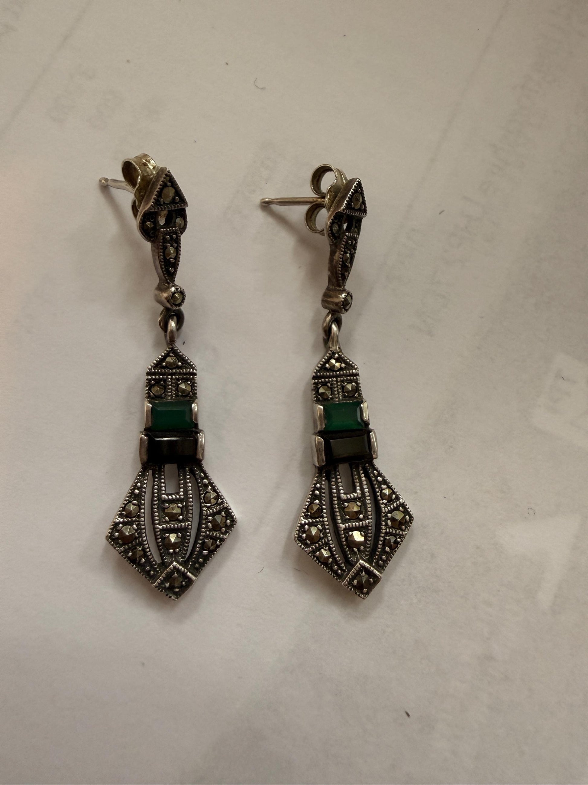 Sterling Silver Marcasite ARI 1990 Drop Earrings, Green Black Art Deco Geometric Dangle Earrings, 925