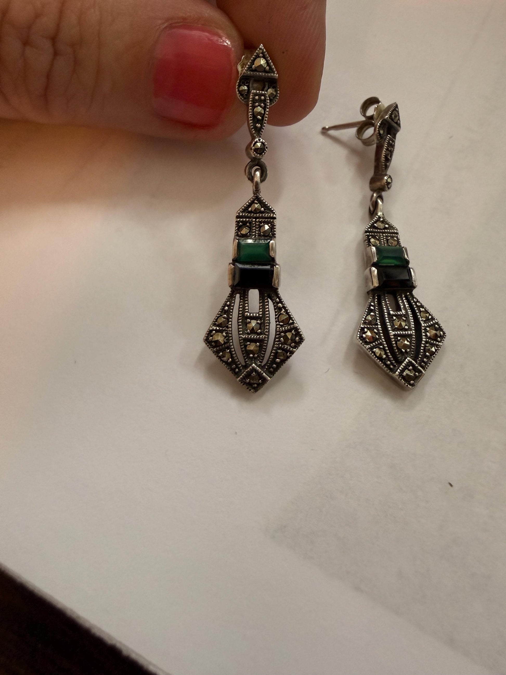 Sterling Silver Marcasite ARI 1990 Drop Earrings, Green Black Art Deco Geometric Dangle Earrings, 925