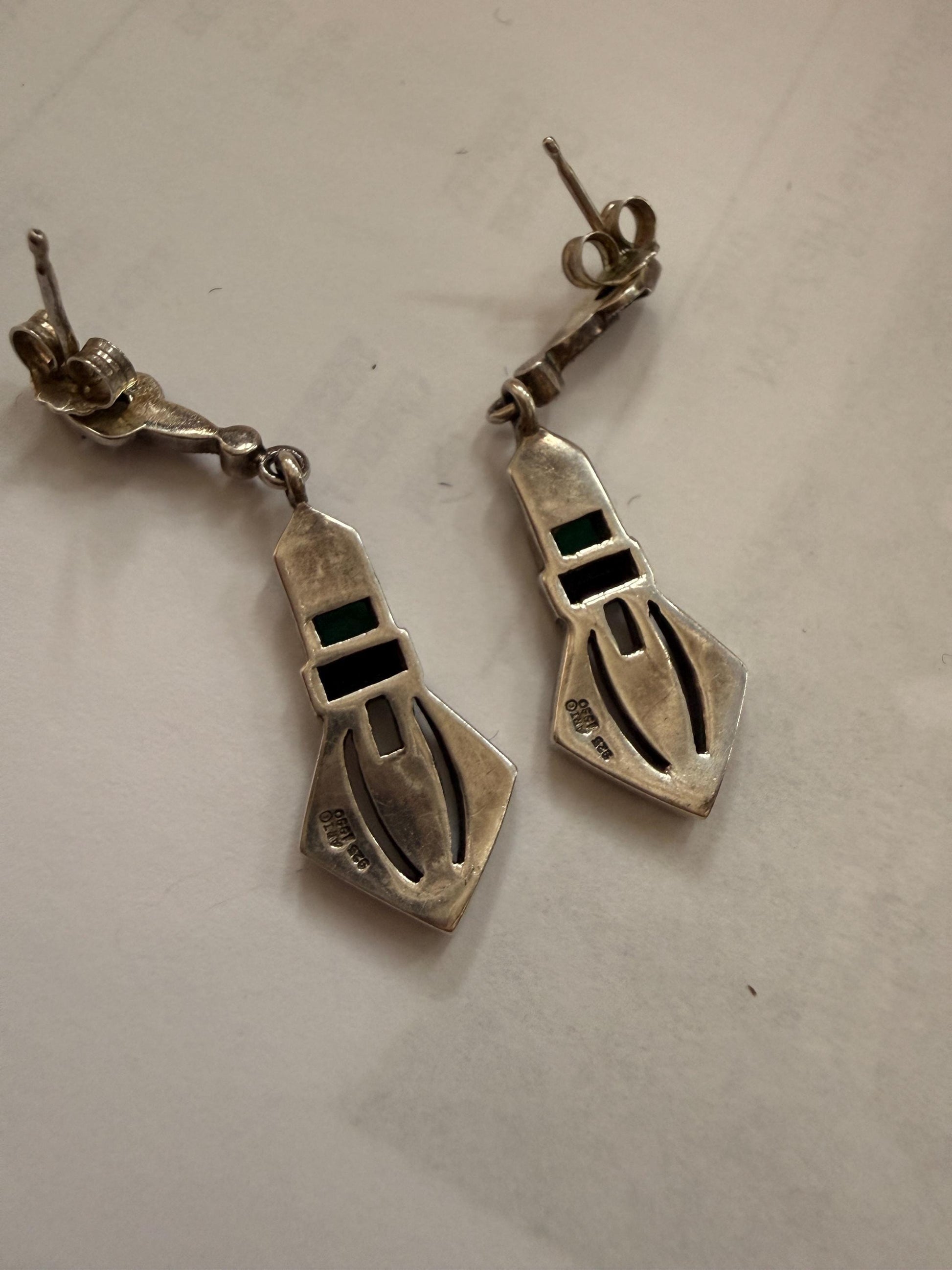 Sterling Silver Marcasite ARI 1990 Drop Earrings, Green Black Art Deco Geometric Dangle Earrings, 925