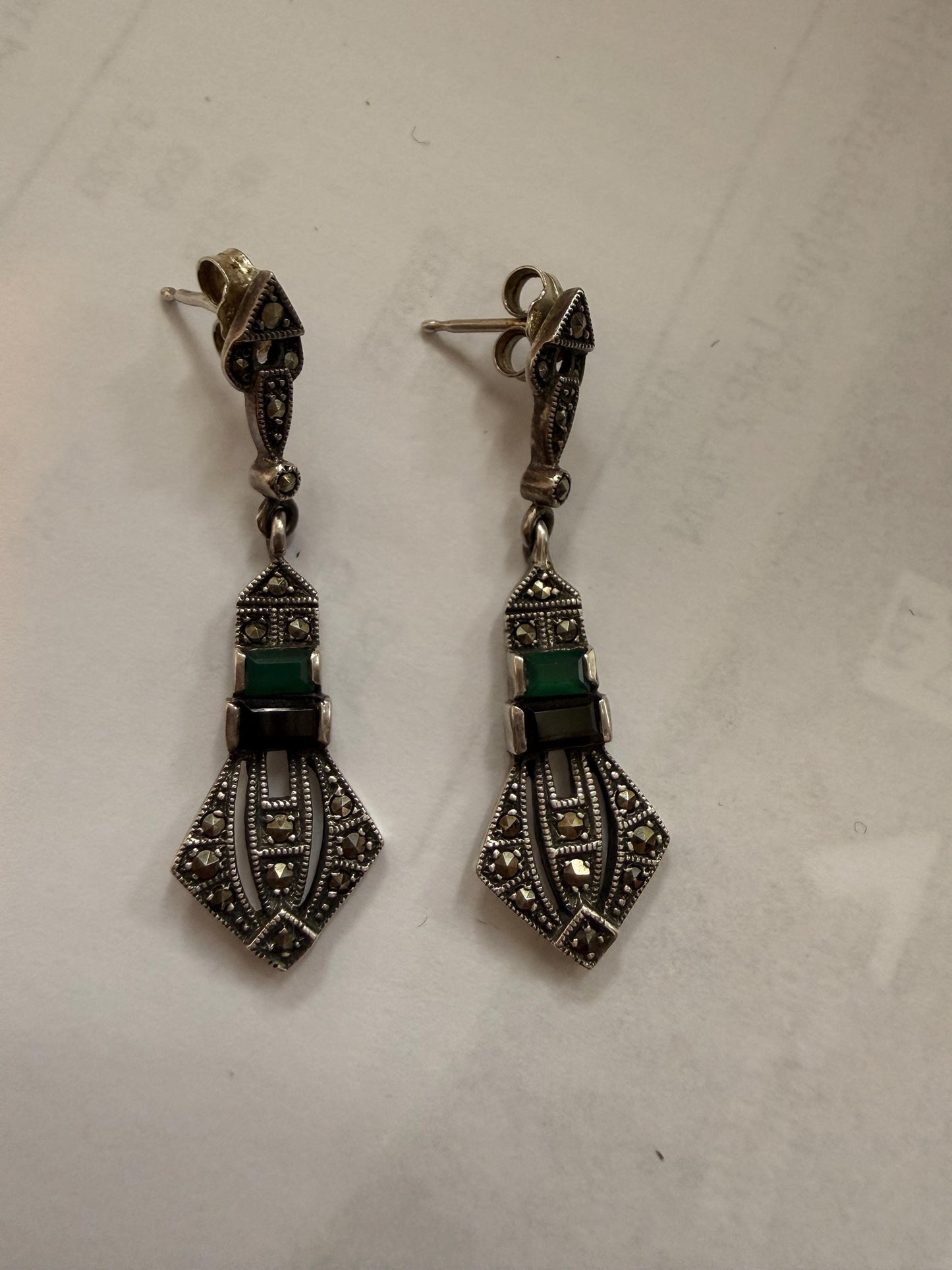 Sterling Silver Marcasite ARI 1990 Drop Earrings, Green Black Art Deco Geometric Dangle Earrings, 925