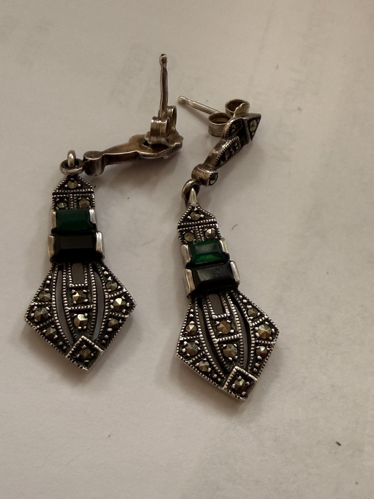 Sterling Silver Marcasite ARI 1990 Drop Earrings, Green Black Art Deco Geometric Dangle Earrings, 925
