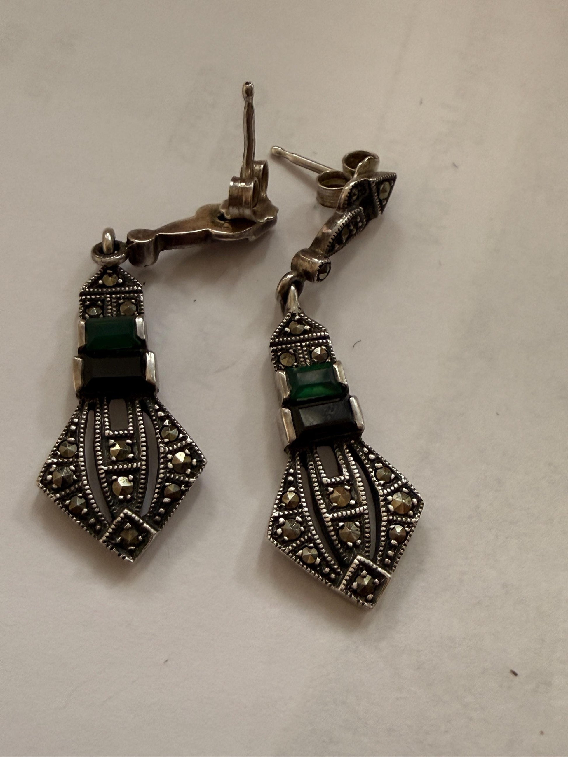 Sterling Silver Marcasite ARI 1990 Drop Earrings, Green Black Art Deco Geometric Dangle Earrings, 925