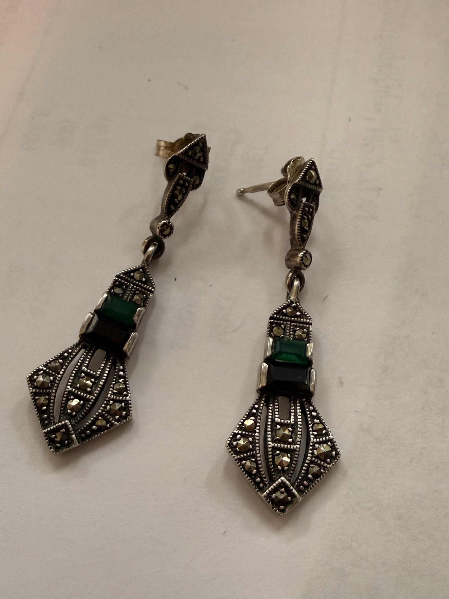 Sterling Silver Marcasite ARI 1990 Drop Earrings, Green Black Art Deco Geometric Dangle Earrings, 925