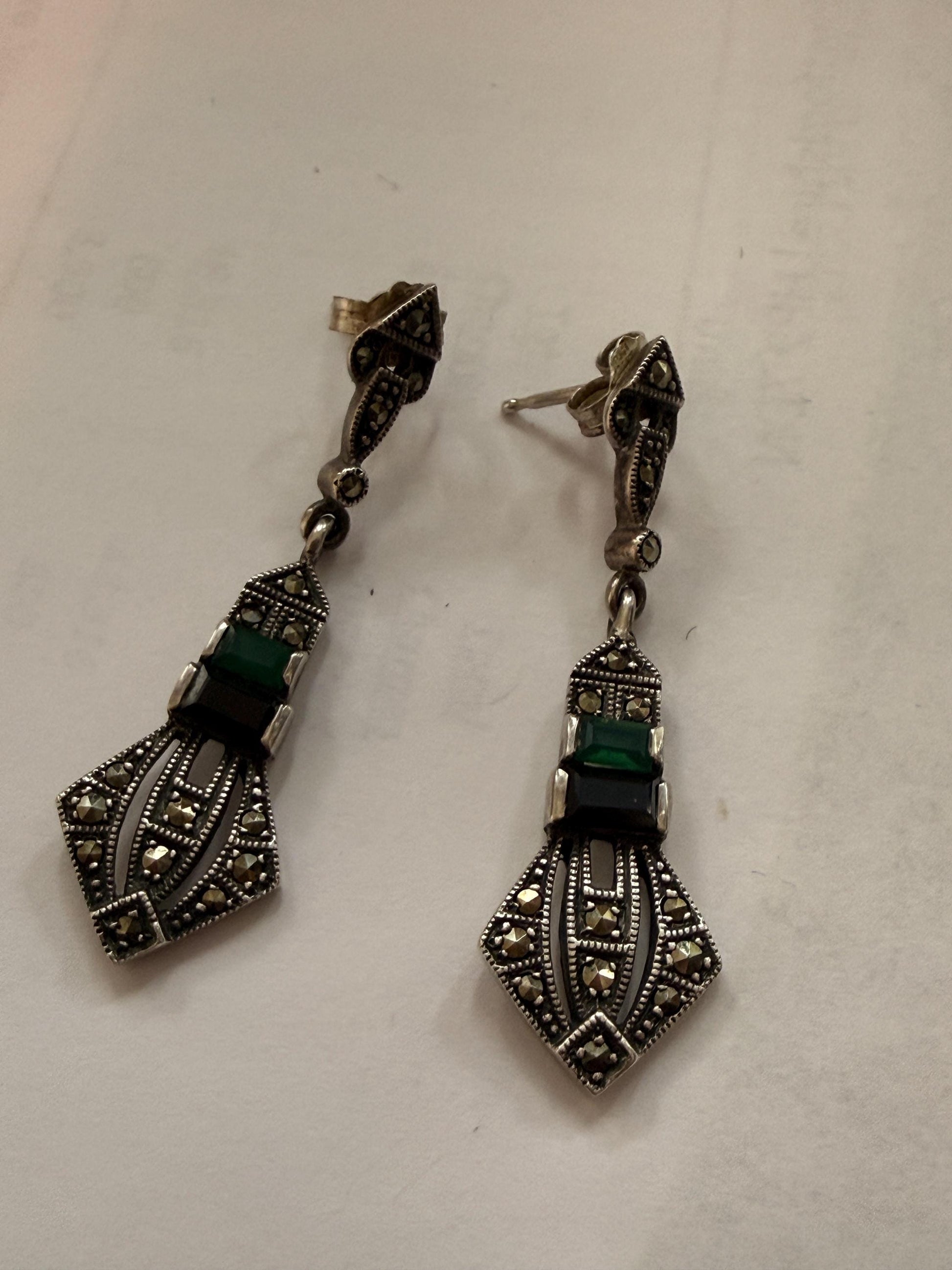 Sterling Silver Marcasite ARI 1990 Drop Earrings, Green Black Art Deco Geometric Dangle Earrings, 925
