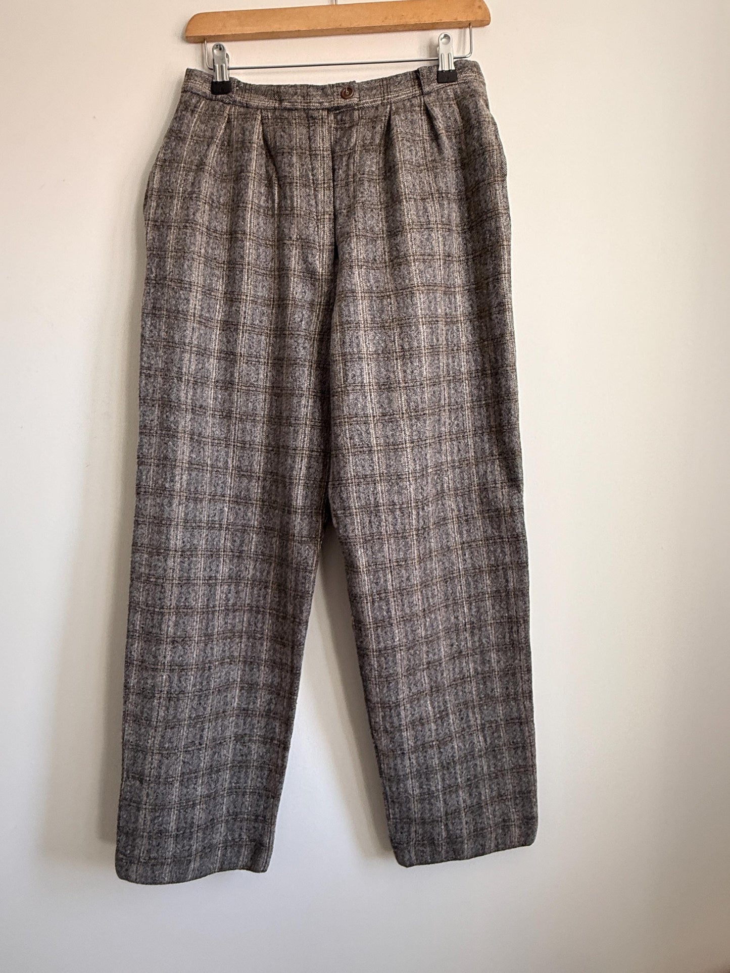 Vintage French Wool Blend Check Trousers UK 12 1980s High Waist Trousers Brown Plaid Tailored Pants Galeries Lafayette Made in France