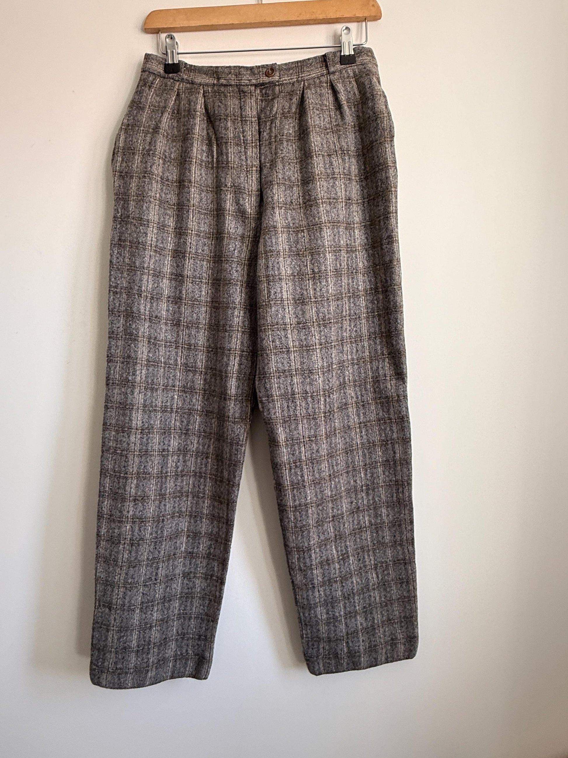 Vintage French Wool Blend Check Trousers UK 12 1980s High Waist Trousers Brown Plaid Tailored Pants Galeries Lafayette Made in France