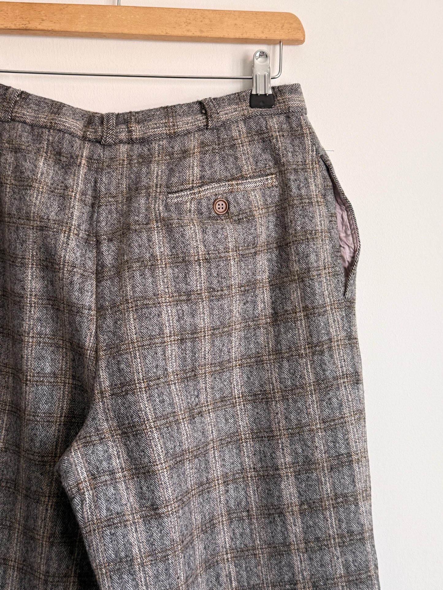 Vintage French Wool Blend Check Trousers UK 12 1980s High Waist Trousers Brown Plaid Tailored Pants Galeries Lafayette Made in France