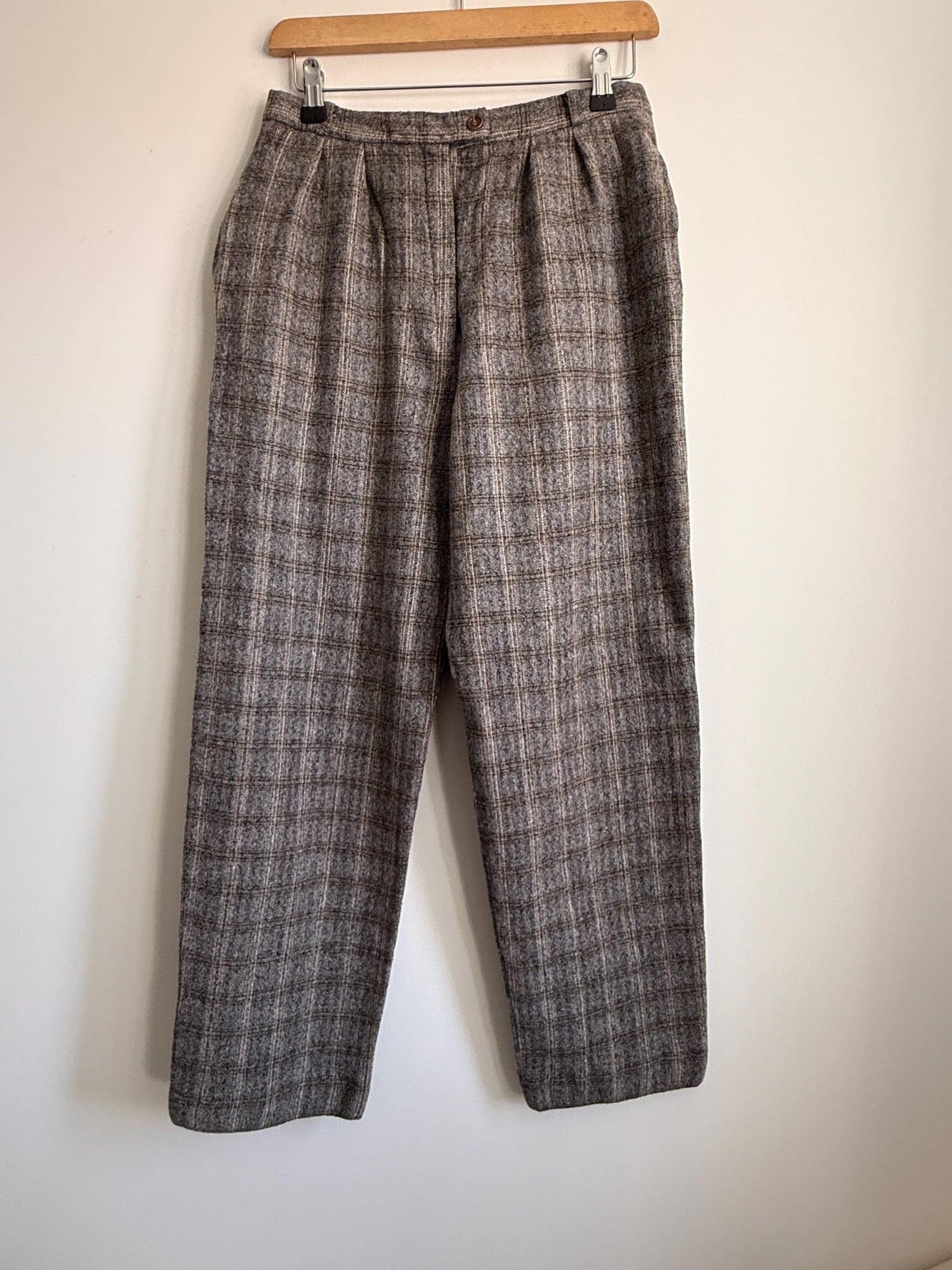 Vintage French Wool Blend Check Trousers UK 12 1980s High Waist Trousers Brown Plaid Tailored Pants Galeries Lafayette Made in France
