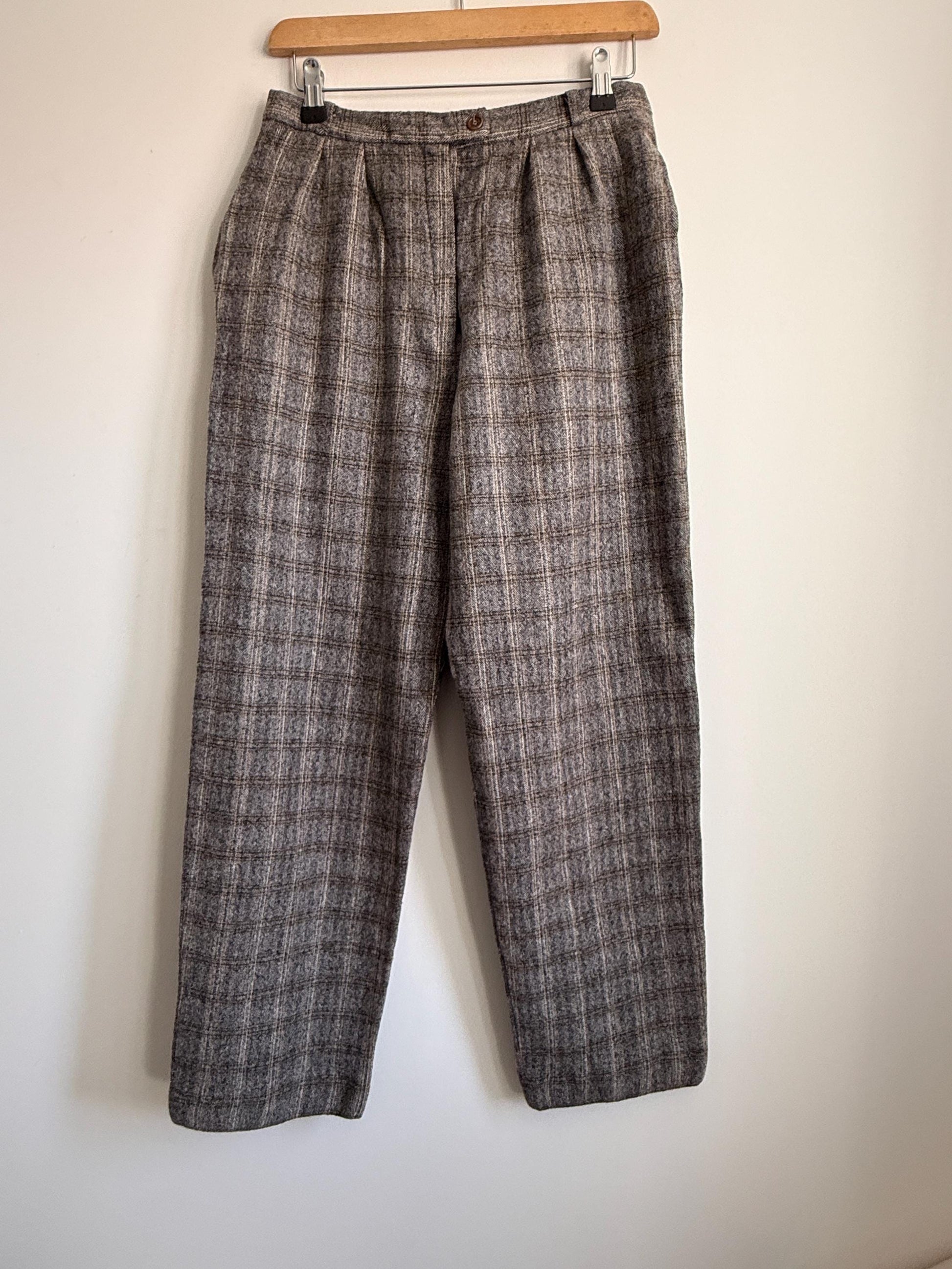 Vintage French Wool Blend Check Trousers UK 12 1980s High Waist Trousers Brown Plaid Tailored Pants Galeries Lafayette Made in France