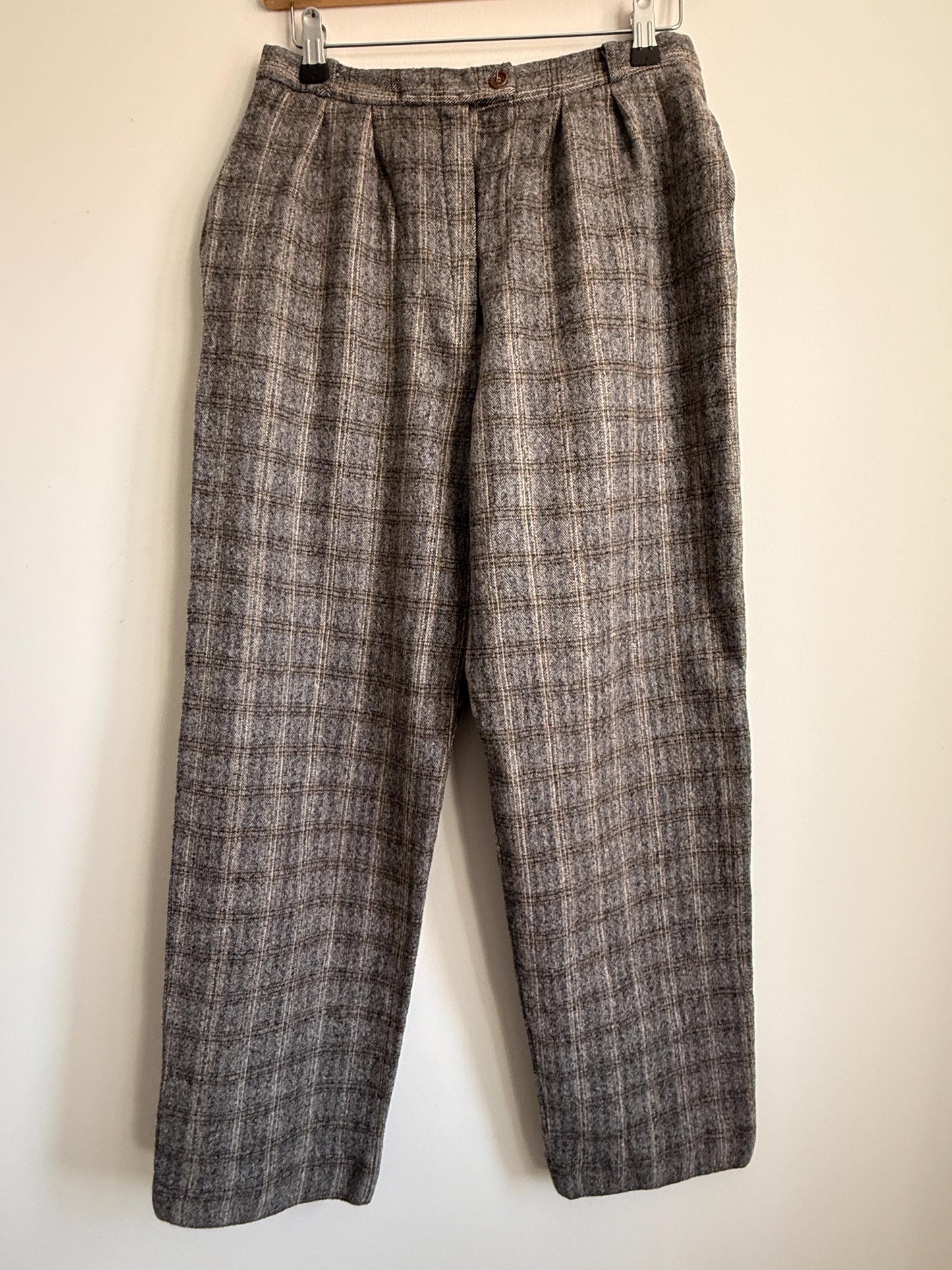 Vintage French Wool Blend Check Trousers UK 12 1980s High Waist Trousers Brown Plaid Tailored Pants Galeries Lafayette Made in France