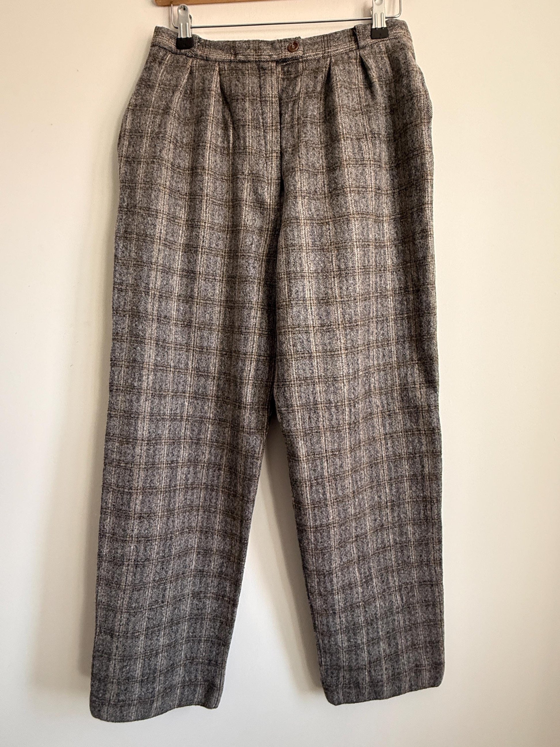 Vintage French Wool Blend Check Trousers UK 12 1980s High Waist Trousers Brown Plaid Tailored Pants Galeries Lafayette Made in France