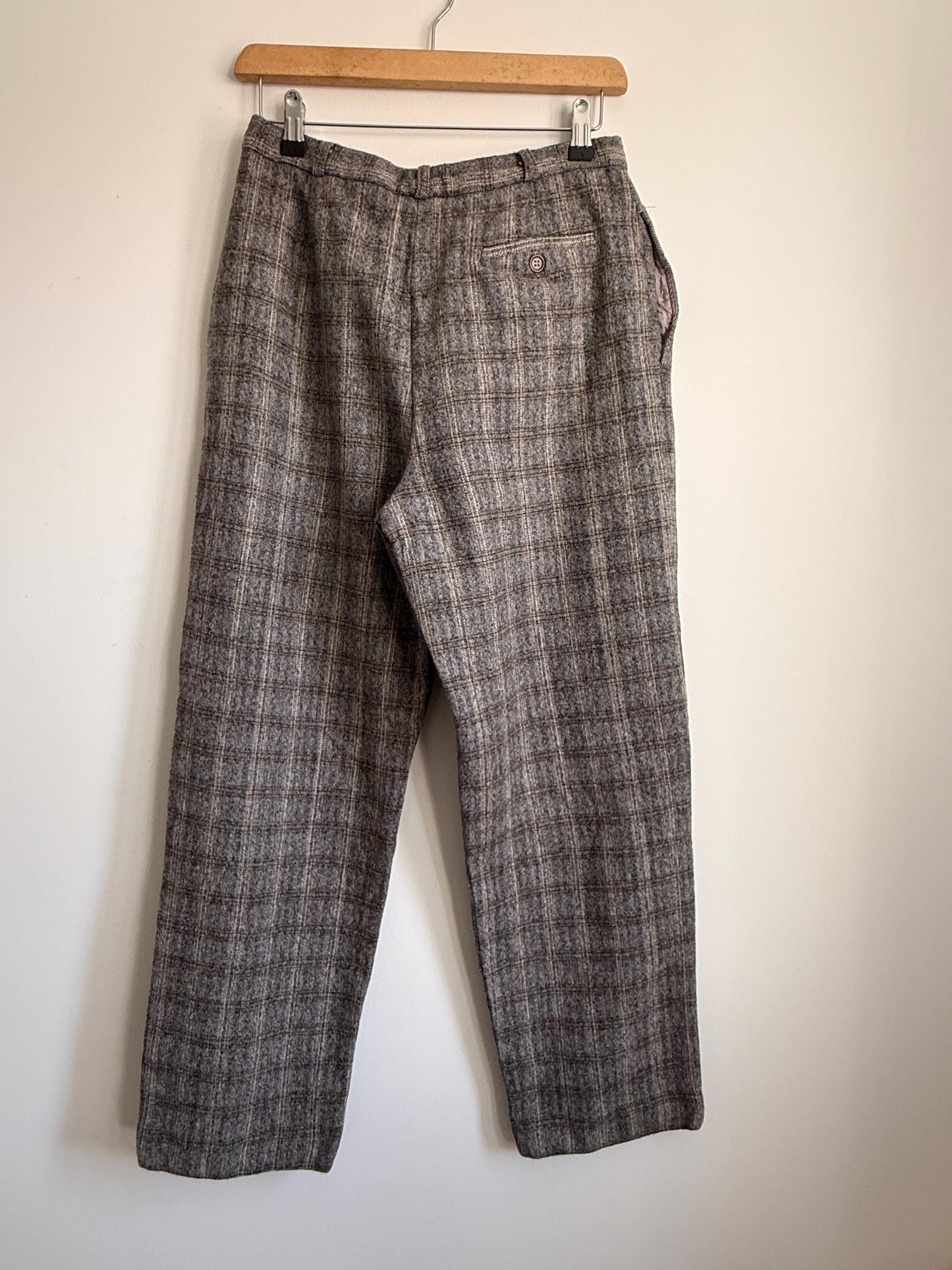 Vintage French Wool Blend Check Trousers UK 12 1980s High Waist Trousers Brown Plaid Tailored Pants Galeries Lafayette Made in France