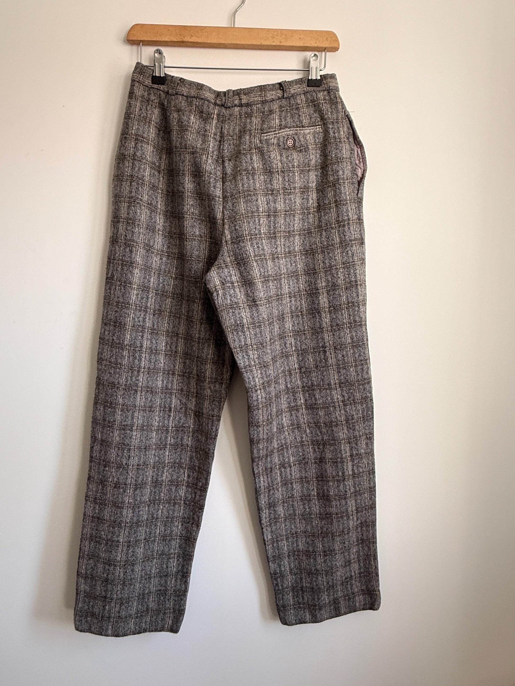 Vintage French Wool Blend Check Trousers UK 12 1980s High Waist Trousers Brown Plaid Tailored Pants Galeries Lafayette Made in France