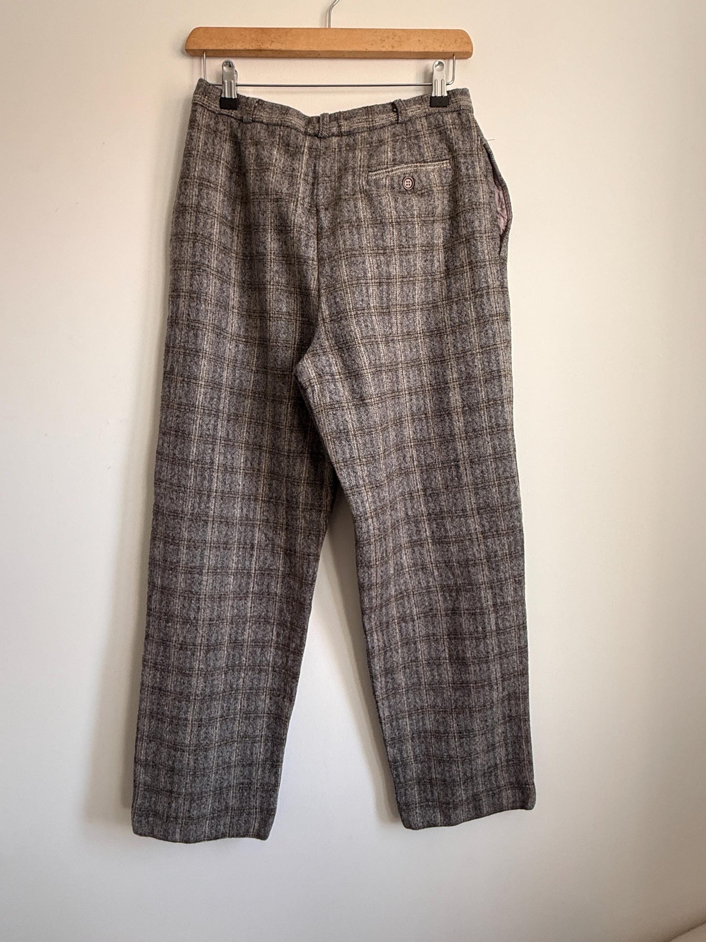 Vintage French Wool Blend Check Trousers UK 12 1980s High Waist Trousers Brown Plaid Tailored Pants Galeries Lafayette Made in France