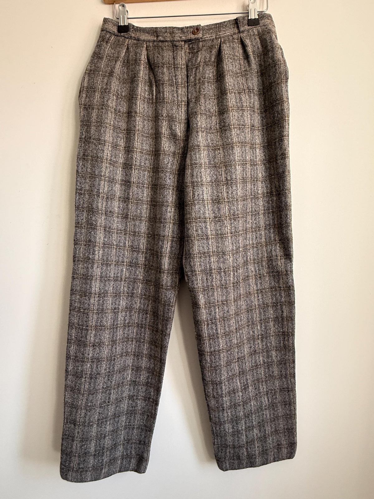 Vintage French Wool Blend Check Trousers UK 12 1980s High Waist Trousers Brown Plaid Tailored Pants Galeries Lafayette Made in France