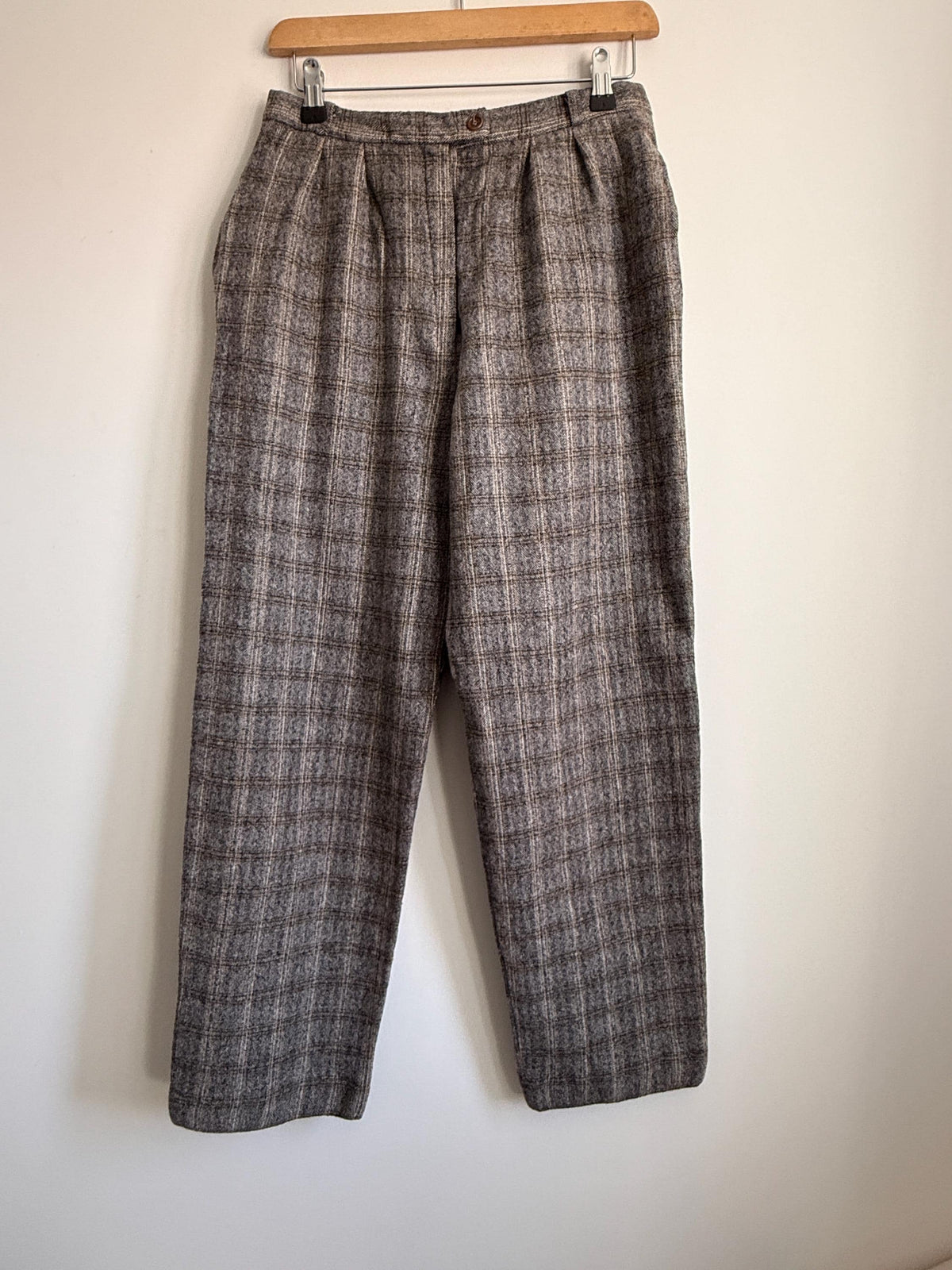 Vintage French Wool Blend Check Trousers UK 12 1980s High Waist Trousers Brown Plaid Tailored Pants Galeries Lafayette Made in France