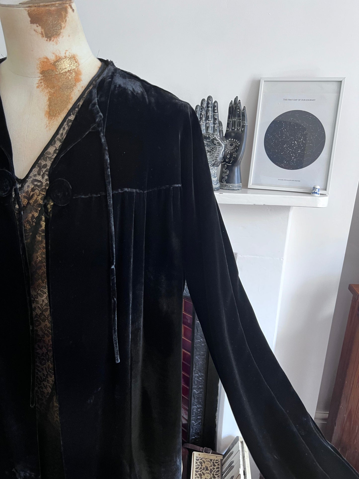 Vintage 1920s 1930s black velvet maxi opera coat Sleeved Cape - Vintage Cape Peter Jones of Sloan Square