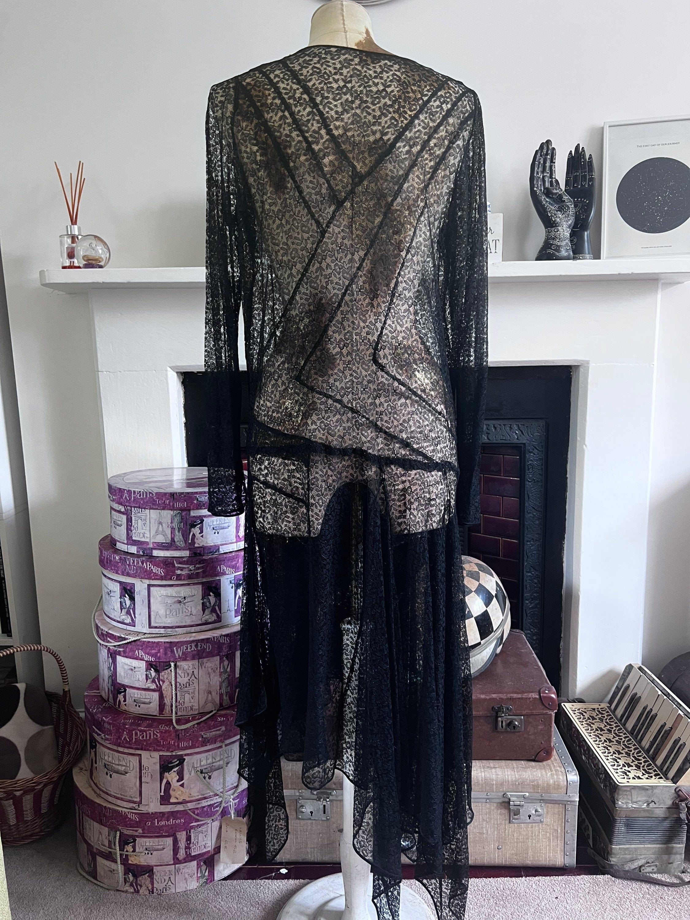 Vintage 1920s 30s Black Lace Long Sleeve dress formal black lace