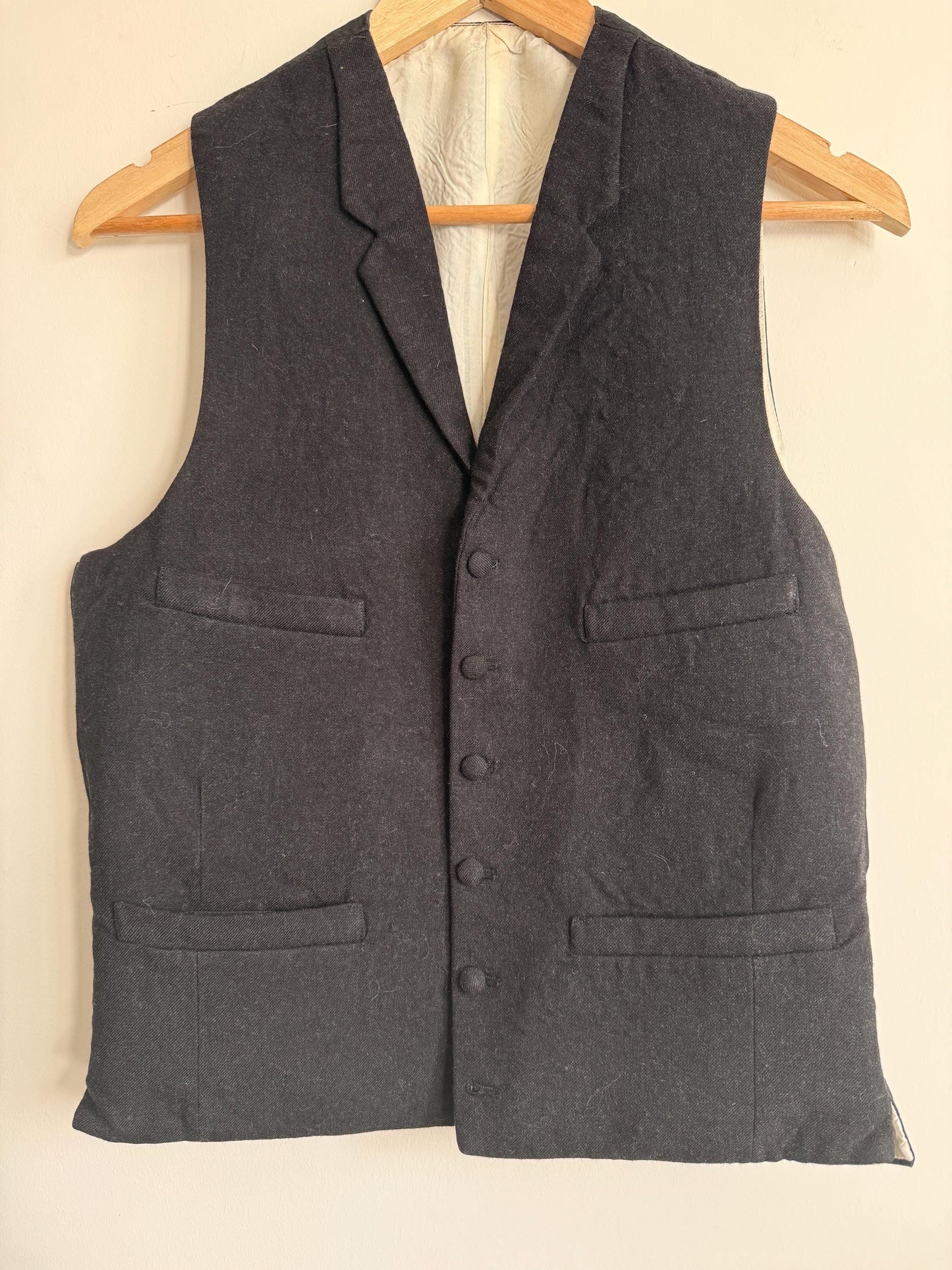 Vintage 1930s 1940s Men’s Black Wool Waistcoat Lapel Four Pocket Formal Vest Figured Satin Back