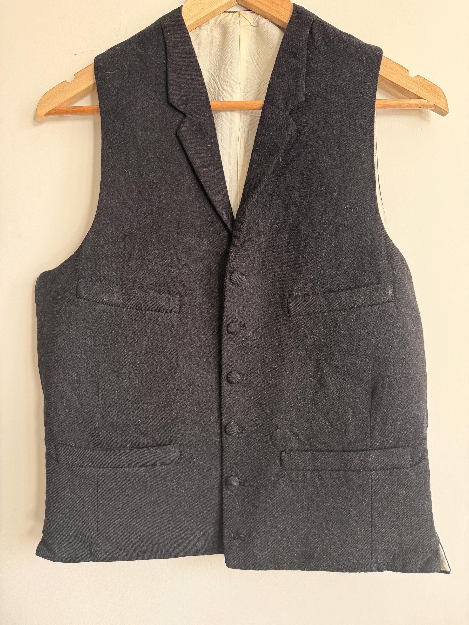Vintage 1930s 1940s Men’s Black Wool Waistcoat Lapel Four Pocket Formal Vest Figured Satin Back