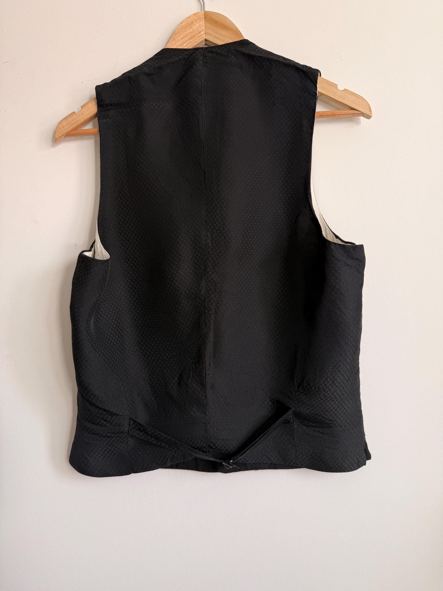 Vintage 1930s 1940s Men’s Black Wool Waistcoat Lapel Four Pocket Formal Vest Figured Satin Back