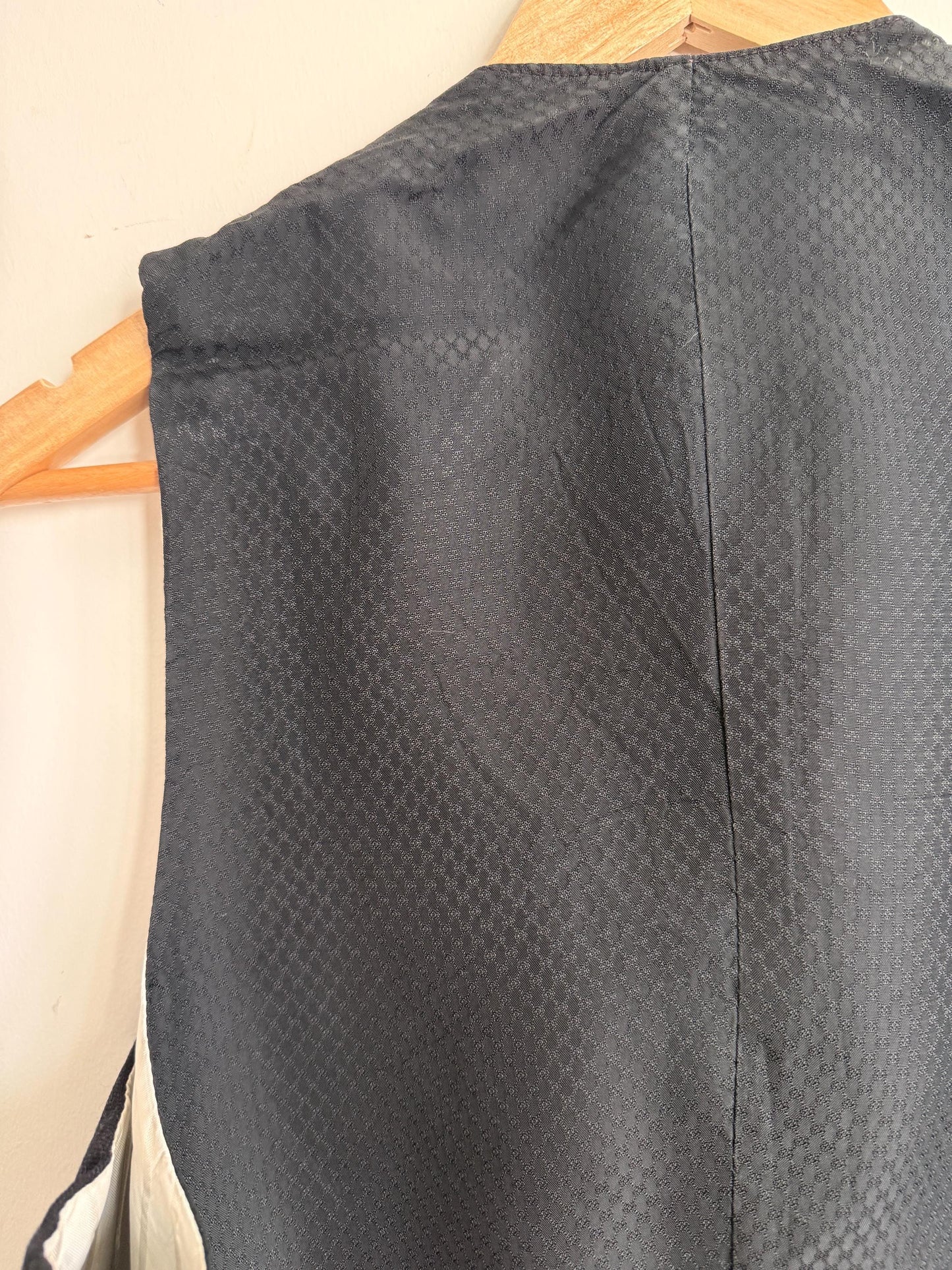 Vintage 1930s 1940s Men’s Black Wool Waistcoat Lapel Four Pocket Formal Vest Figured Satin Back