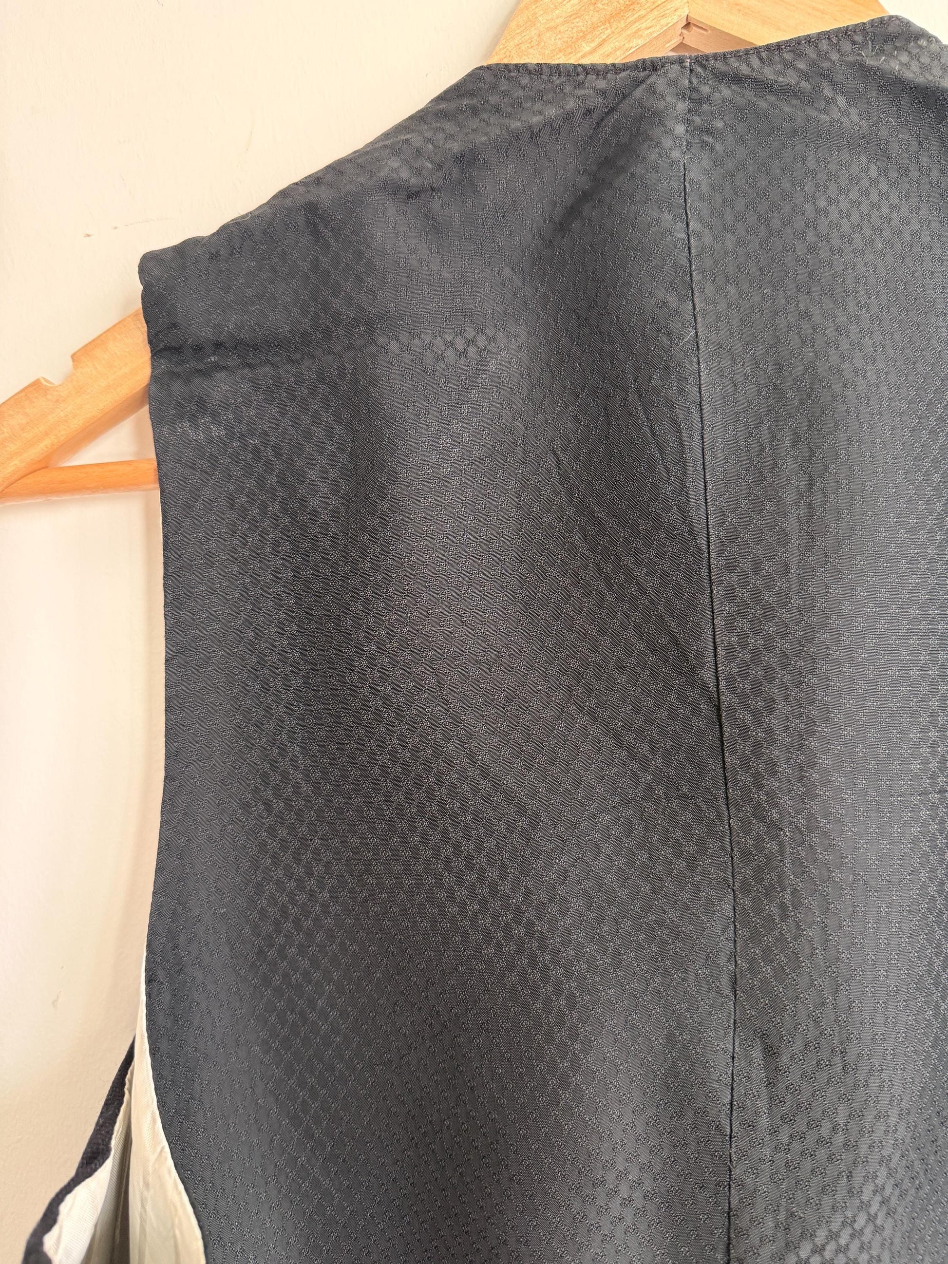 Vintage 1930s 1940s Men’s Black Wool Waistcoat Lapel Four Pocket Formal Vest Figured Satin Back