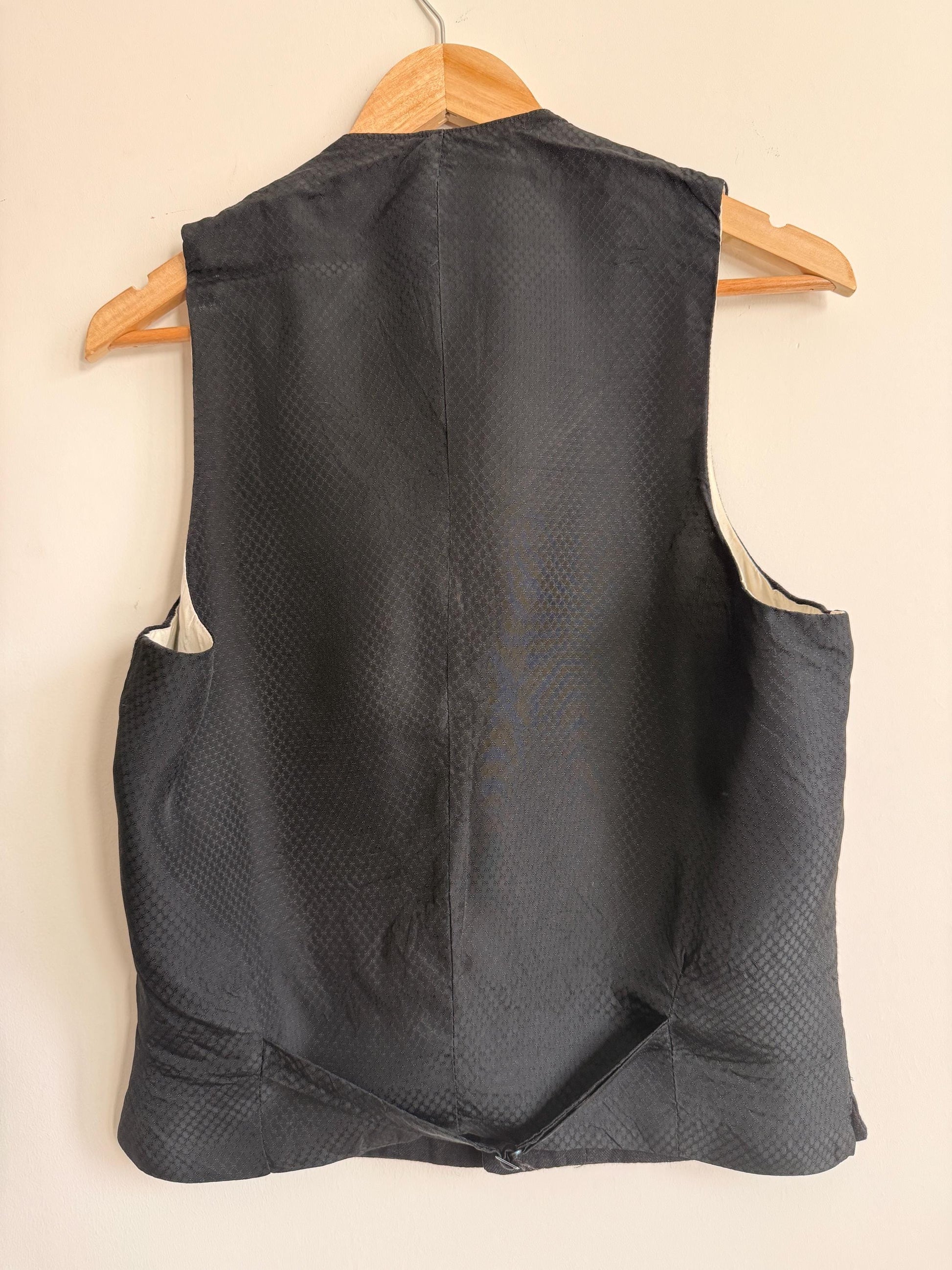 Vintage 1930s 1940s Men’s Black Wool Waistcoat Lapel Four Pocket Formal Vest Figured Satin Back