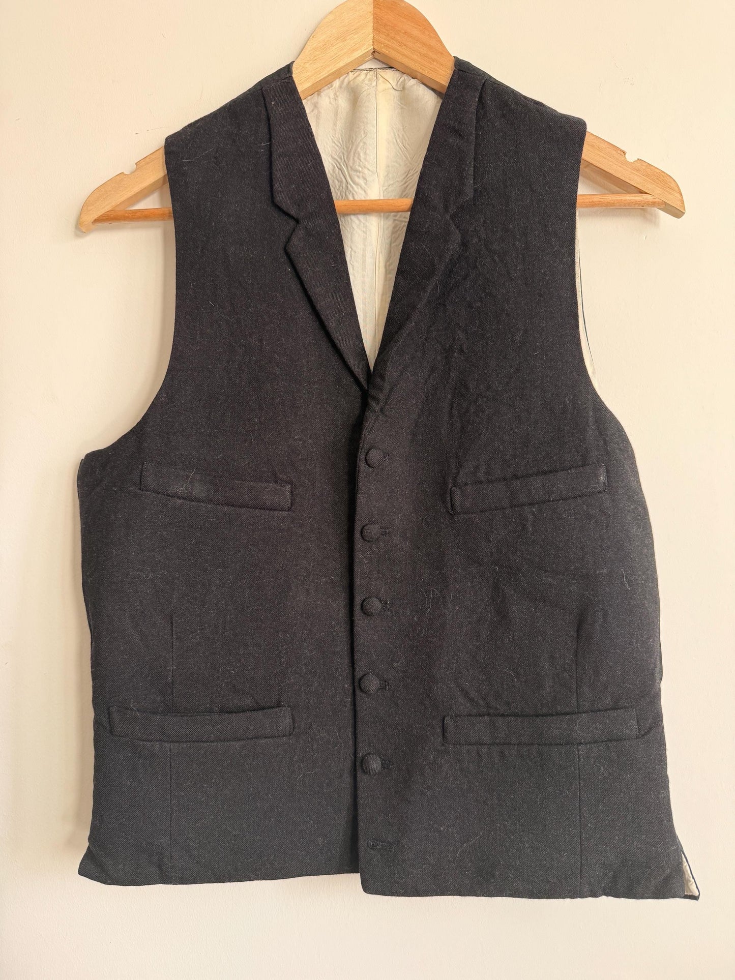 Vintage 1930s 1940s Men’s Black Wool Waistcoat Lapel Four Pocket Formal Vest Figured Satin Back