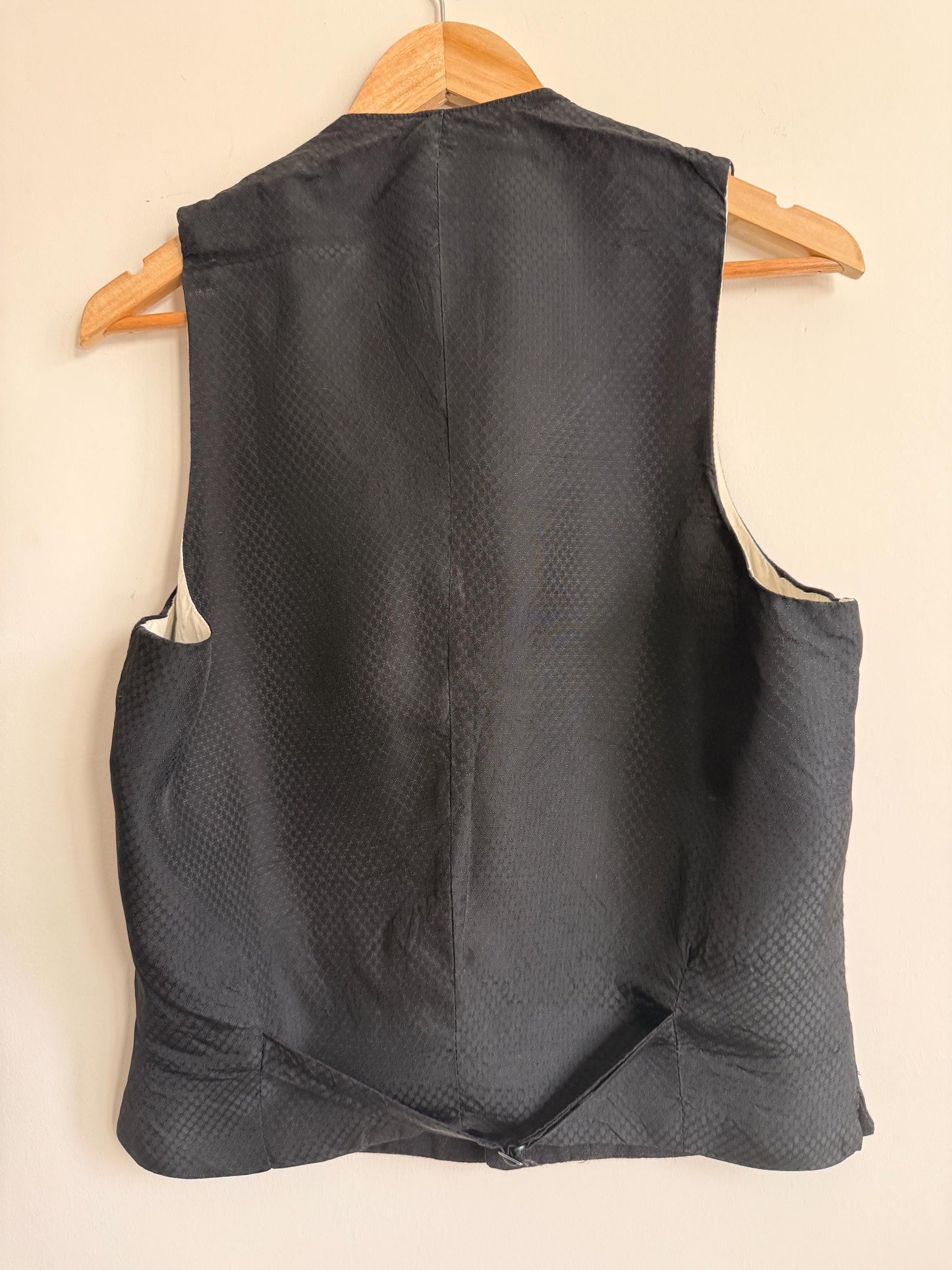 Vintage 1930s 1940s Men’s Black Wool Waistcoat Lapel Four Pocket Formal Vest Figured Satin Back