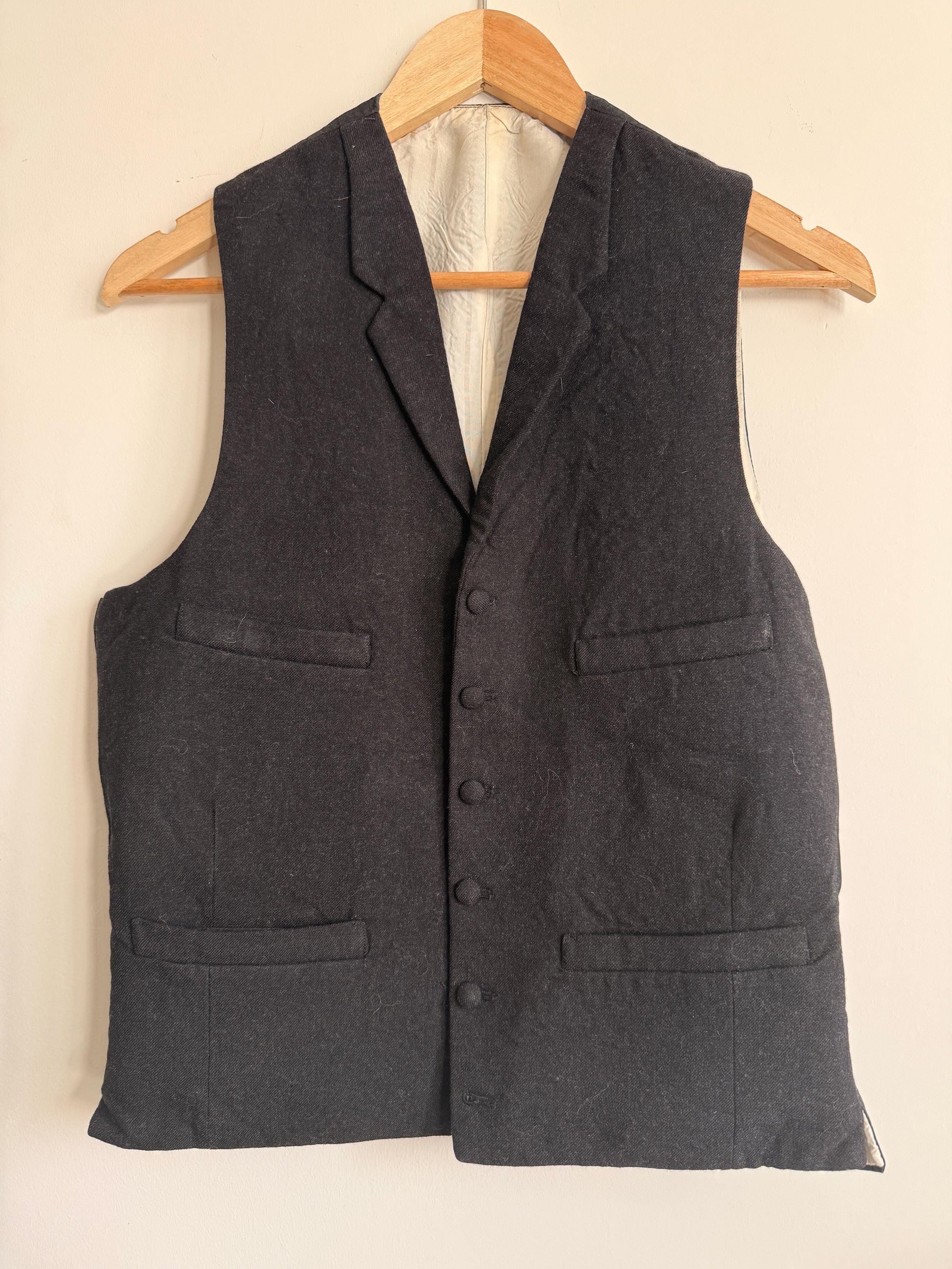 Vintage 1930s 1940s Men’s Black Wool Waistcoat Lapel Four Pocket Formal Vest Figured Satin Back