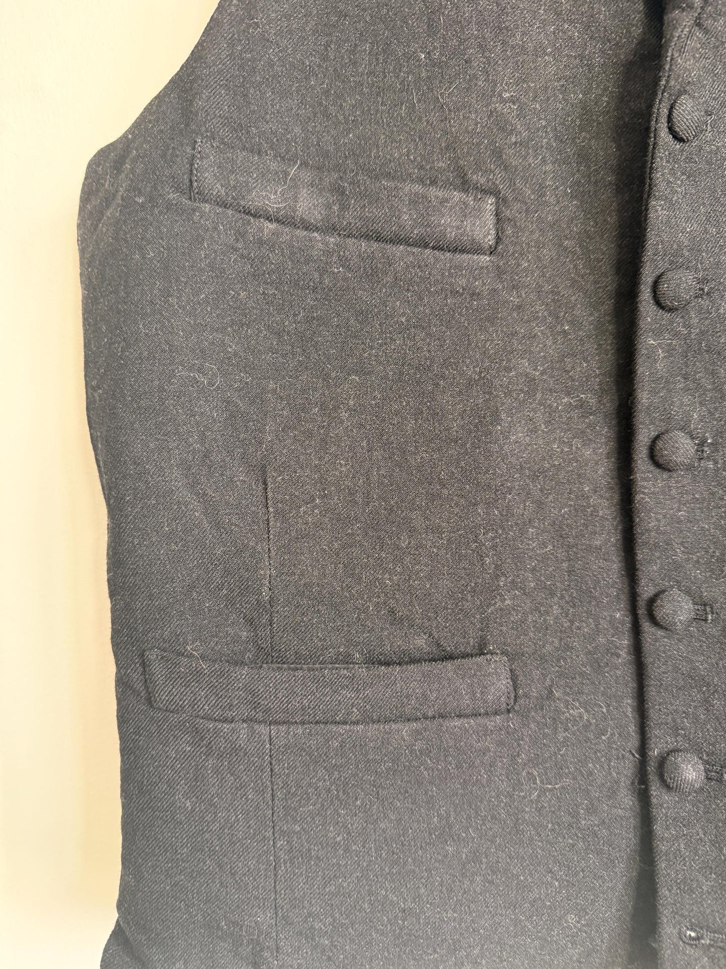 Vintage 1930s 1940s Men’s Black Wool Waistcoat Lapel Four Pocket Formal Vest Figured Satin Back