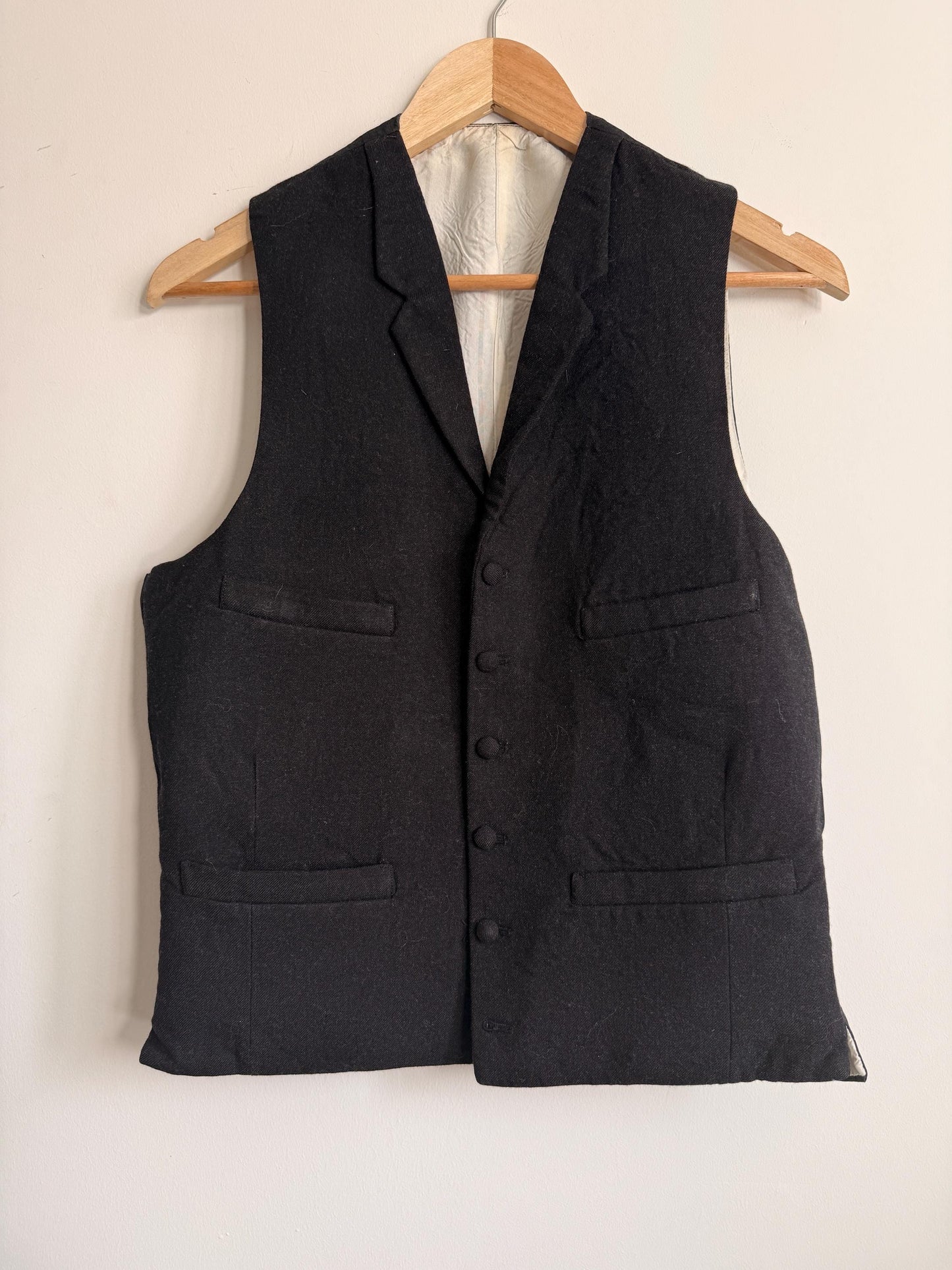 Vintage 1930s 1940s Men’s Black Wool Waistcoat Lapel Four Pocket Formal Vest Figured Satin Back