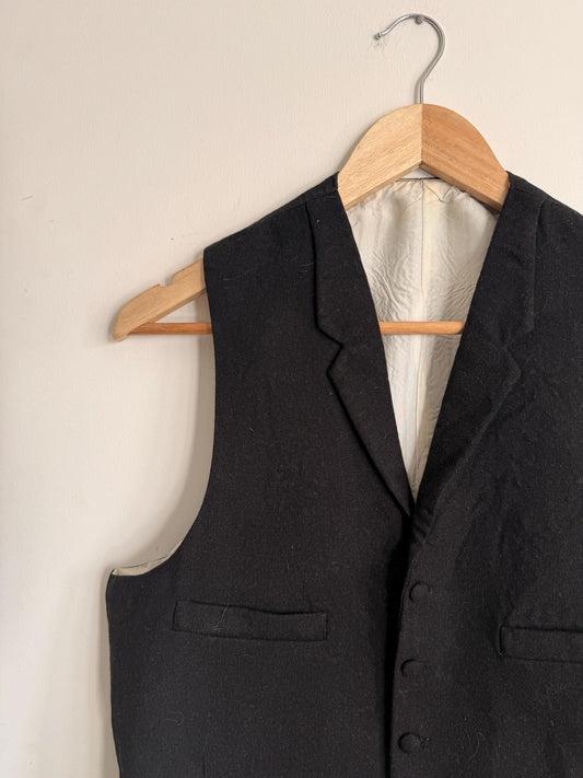 Vintage 1930s 1940s Men’s Black Wool Waistcoat Lapel Four Pocket Formal Vest Figured Satin Back