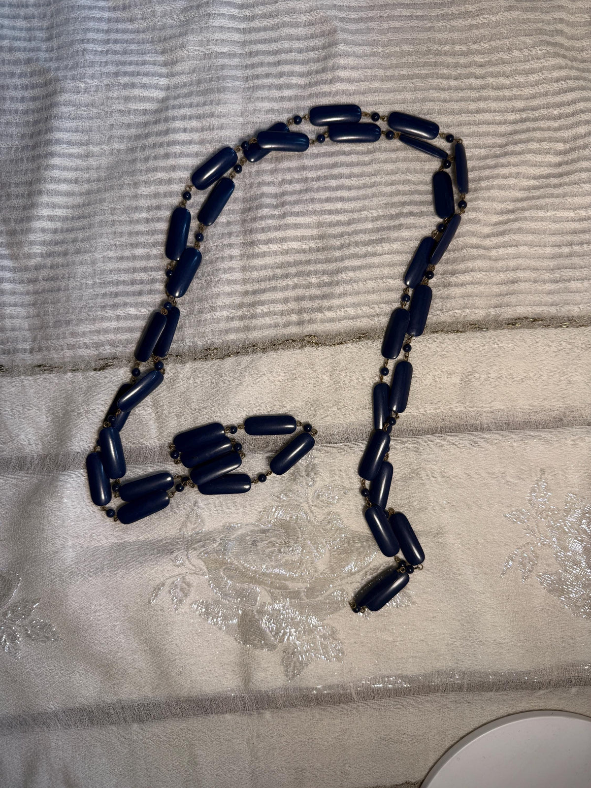 Vintage 1930s 1940s Navy Blue Long Beaded Necklace Art Deco Statement Jewellery