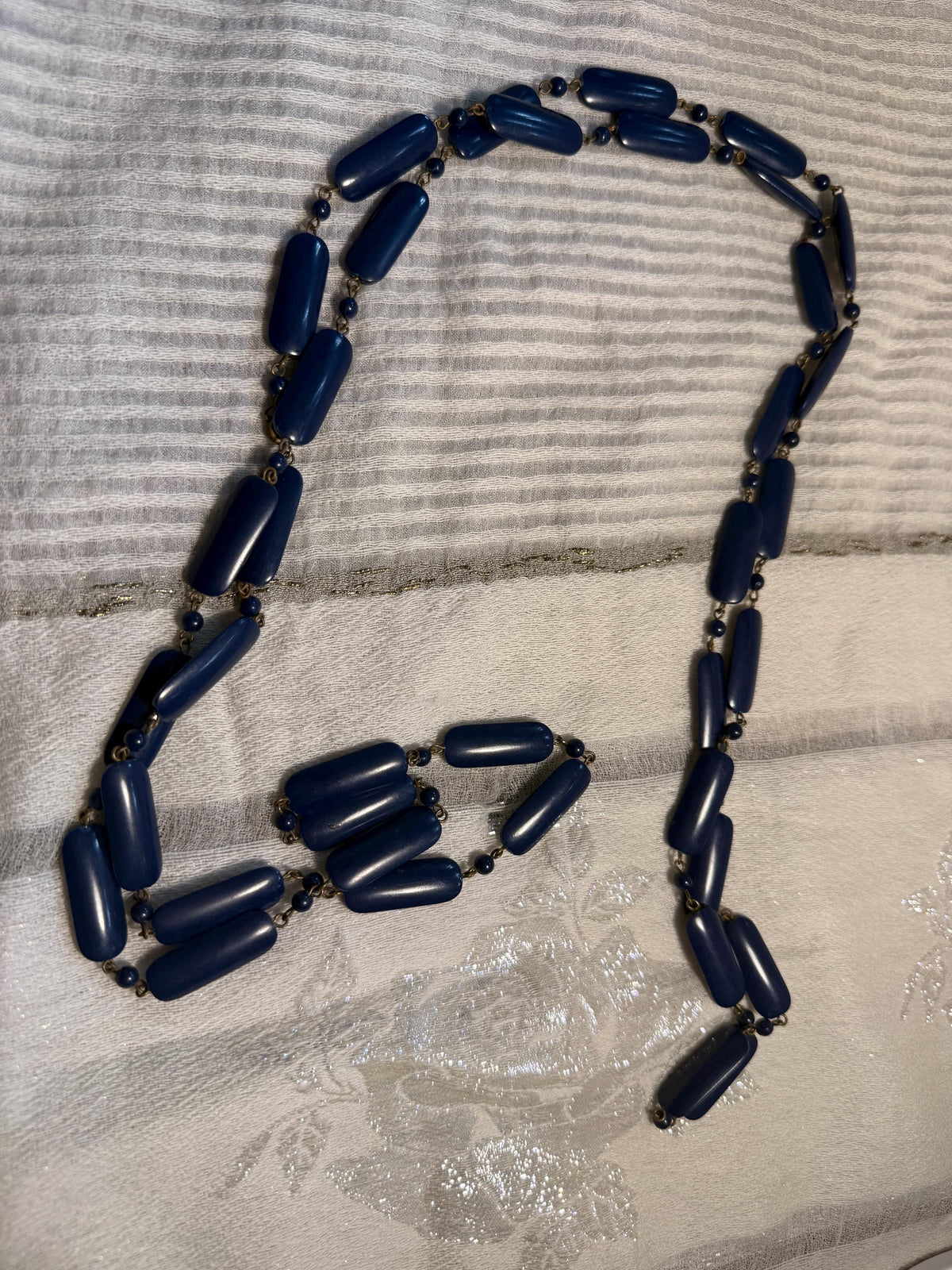 Vintage 1930s 1940s Navy Blue Long Beaded Necklace Art Deco Statement Jewellery
