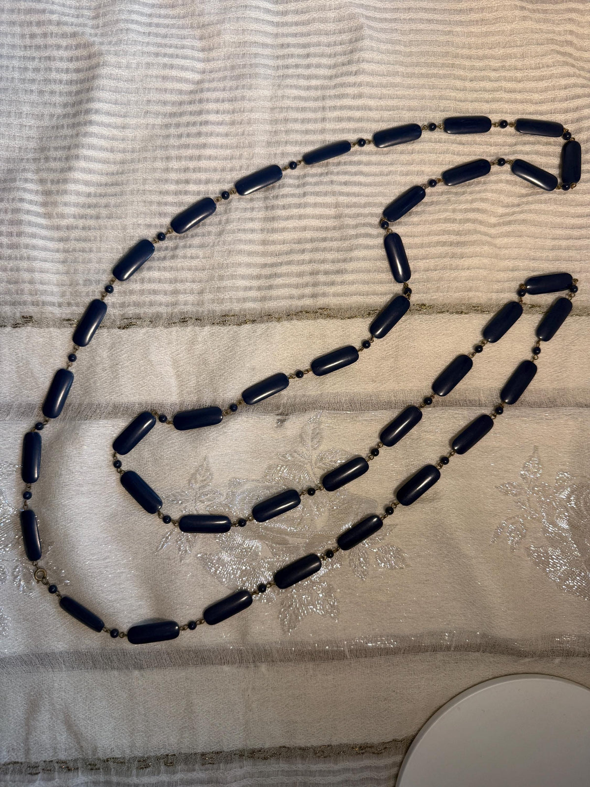 Vintage 1930s 1940s Navy Blue Long Beaded Necklace Art Deco Statement Jewellery