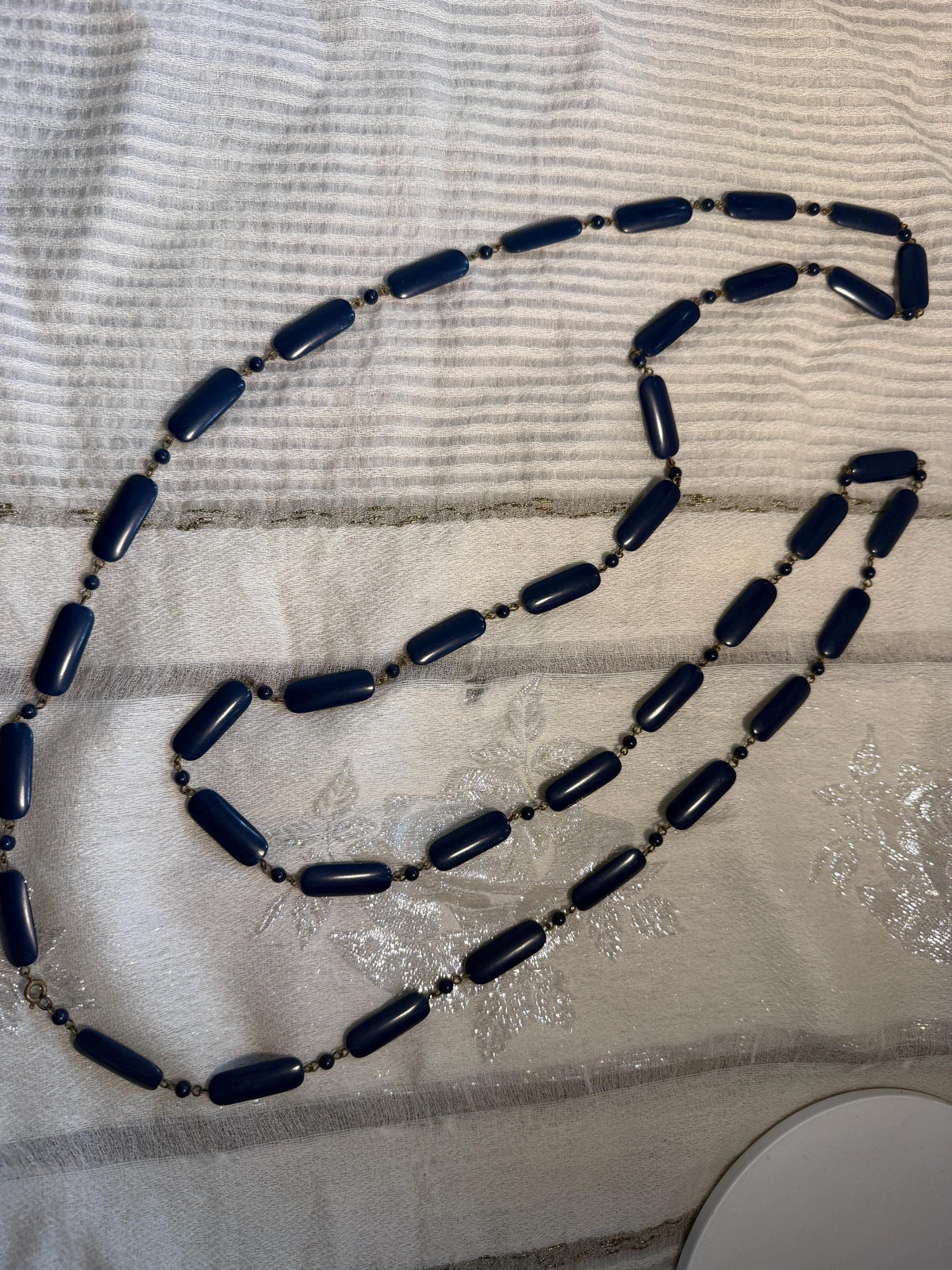 Vintage 1930s 1940s Navy Blue Long Beaded Necklace Art Deco Statement Jewellery