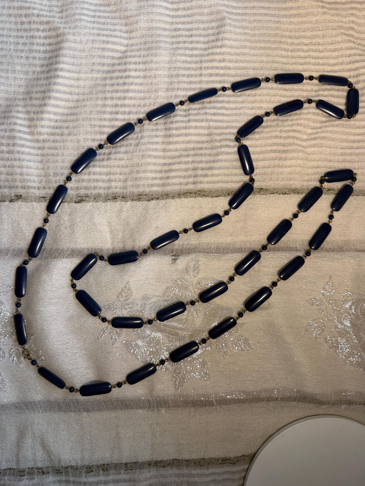 Vintage 1930s 1940s Navy Blue Long Beaded Necklace Art Deco Statement Jewellery