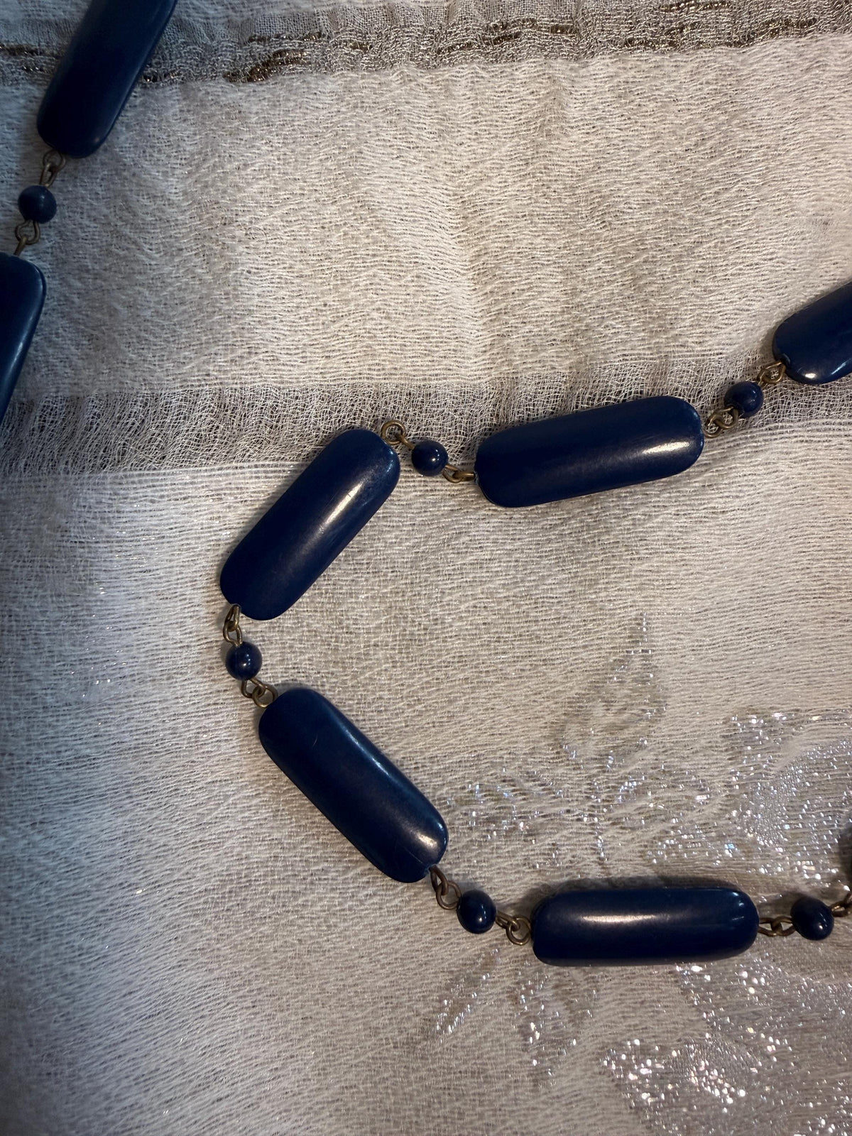 Vintage 1930s 1940s Navy Blue Long Beaded Necklace Art Deco Statement Jewellery