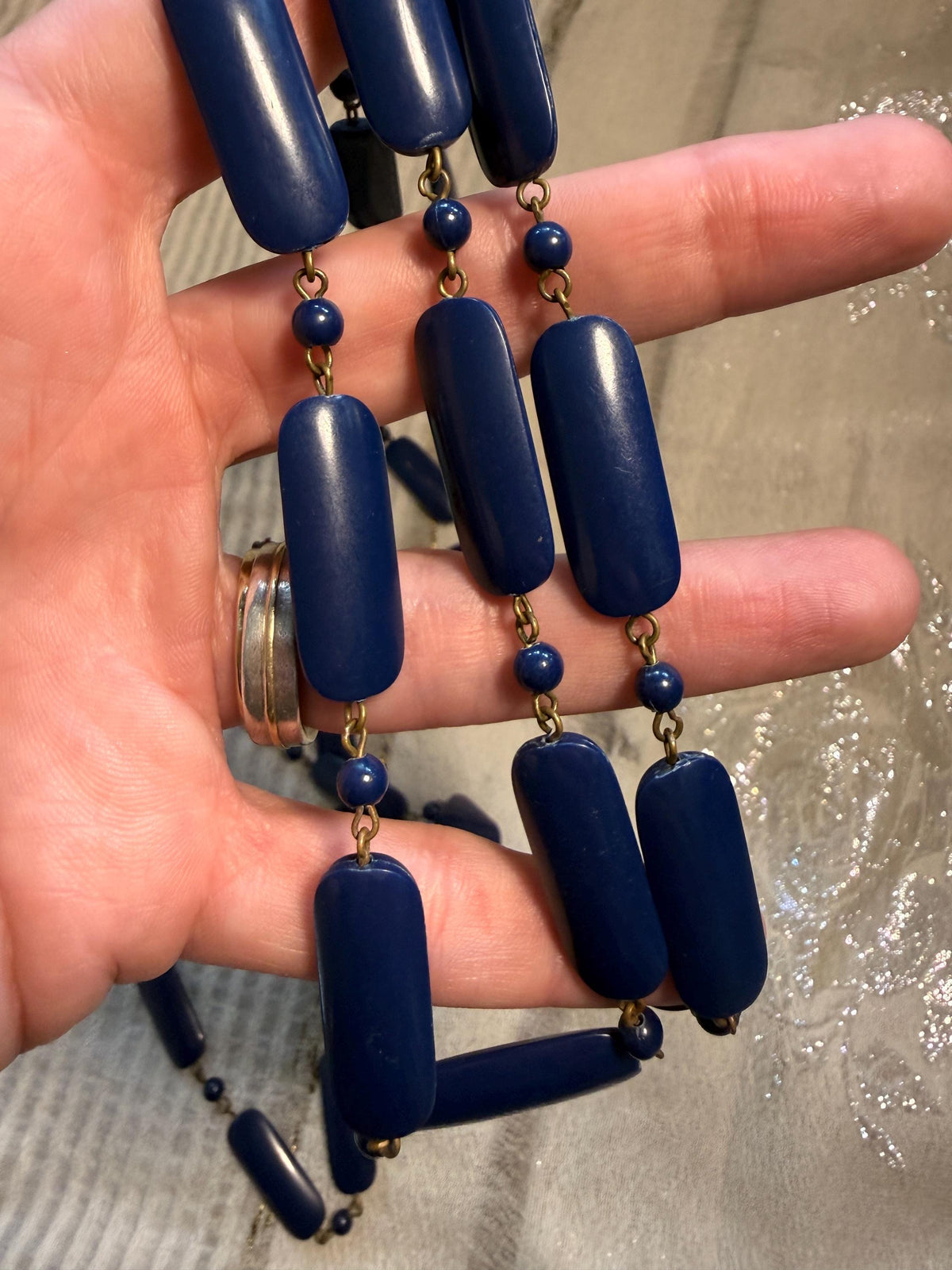 Vintage 1930s 1940s Navy Blue Long Beaded Necklace Art Deco Statement Jewellery
