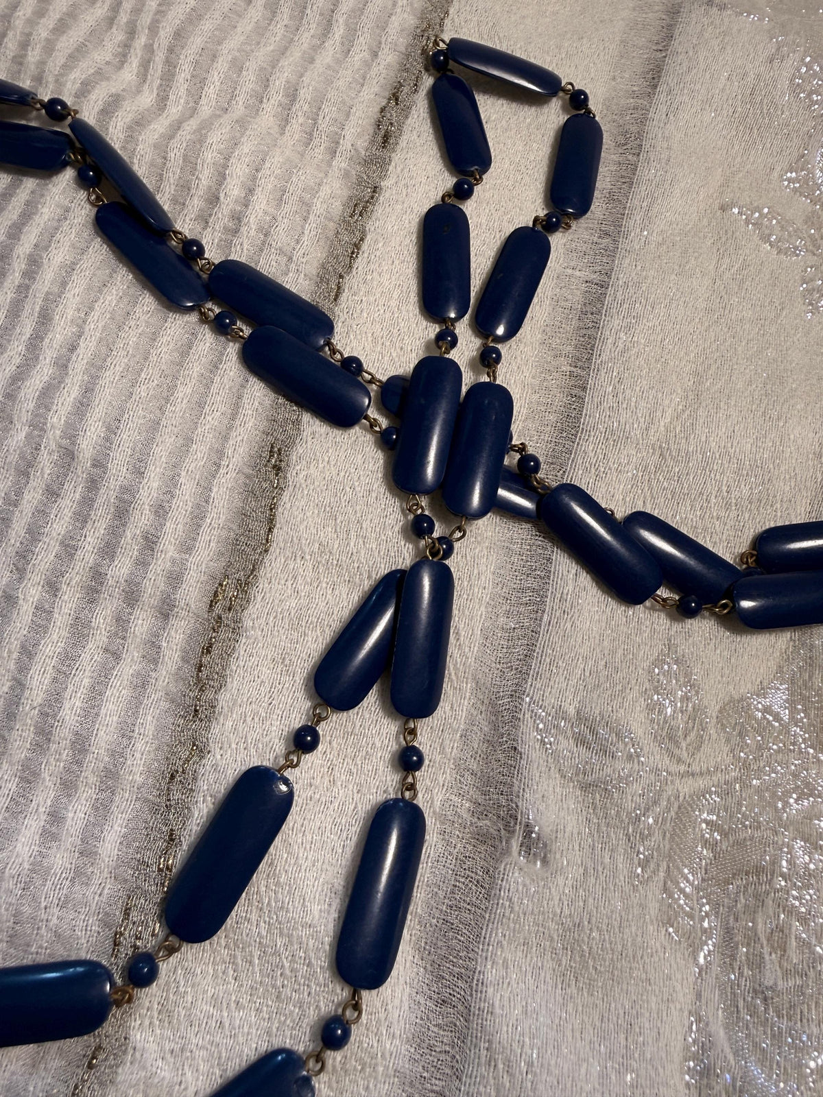 Vintage 1930s 1940s Navy Blue Long Beaded Necklace Art Deco Statement Jewellery