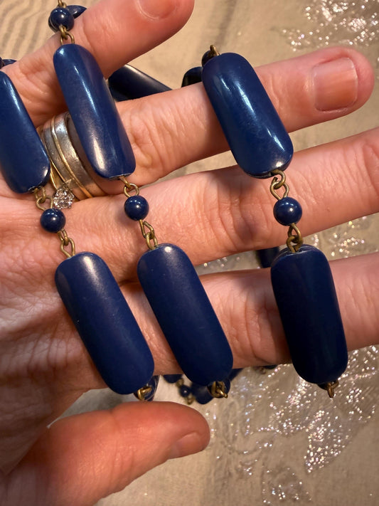 Vintage 1930s 1940s Navy Blue Long Beaded Necklace Art Deco Statement Jewellery