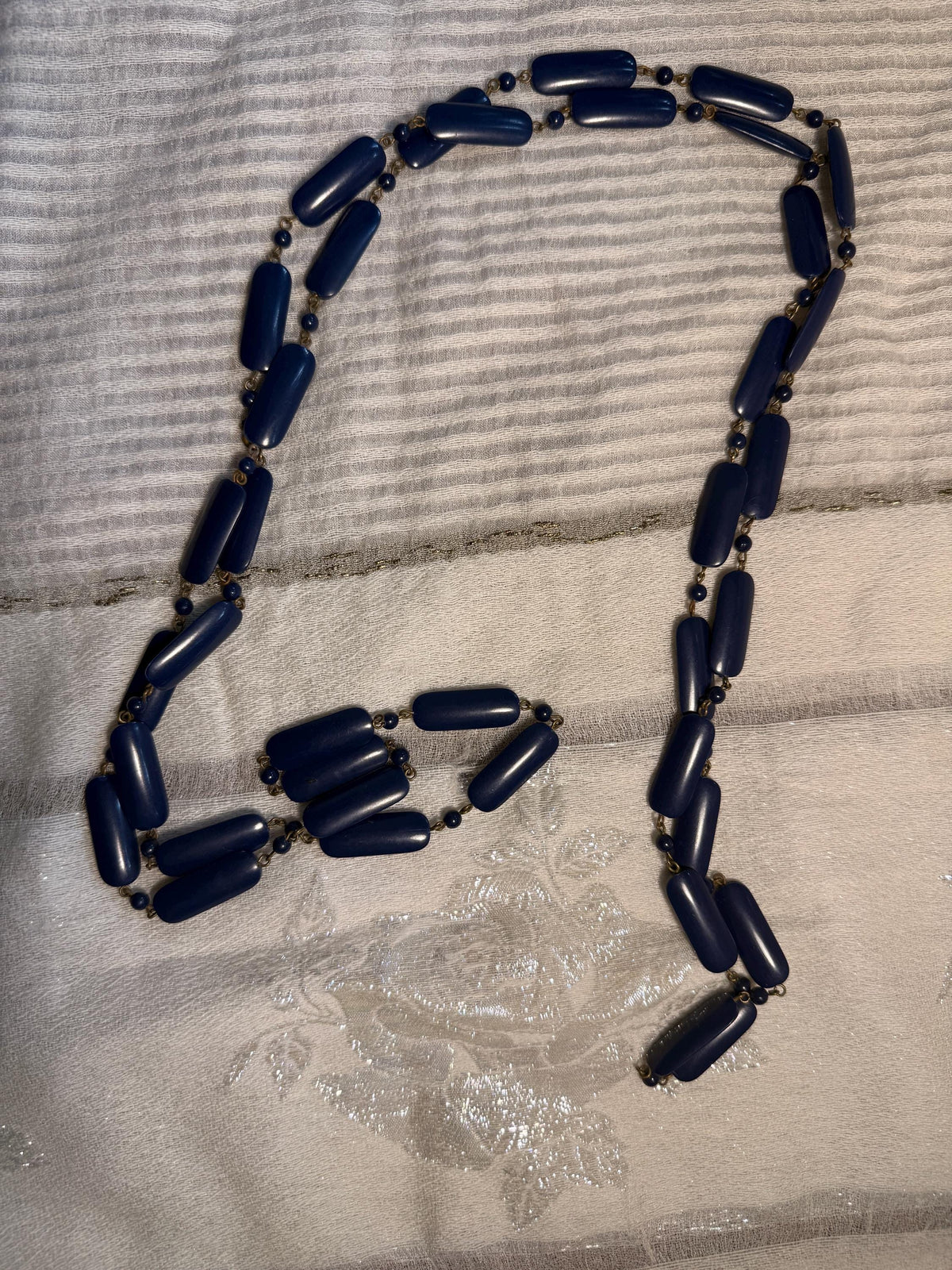 Vintage 1930s 1940s Navy Blue Long Beaded Necklace Art Deco Statement Jewellery
