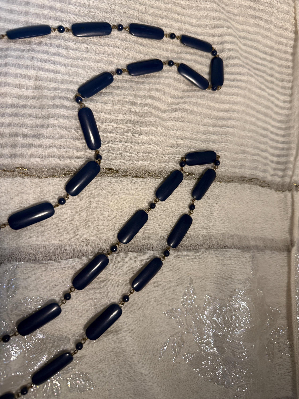 Vintage 1930s 1940s Navy Blue Long Beaded Necklace Art Deco Statement Jewellery
