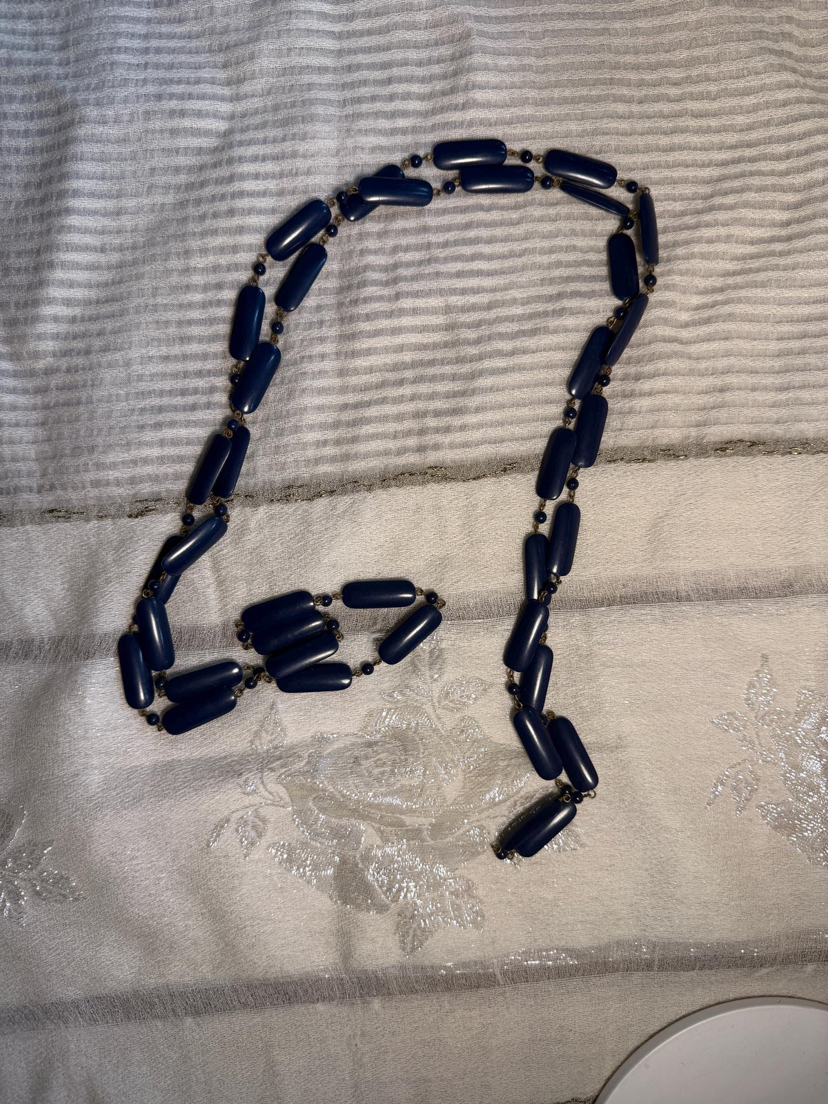Vintage 1930s 1940s Navy Blue Long Beaded Necklace Art Deco Statement Jewellery